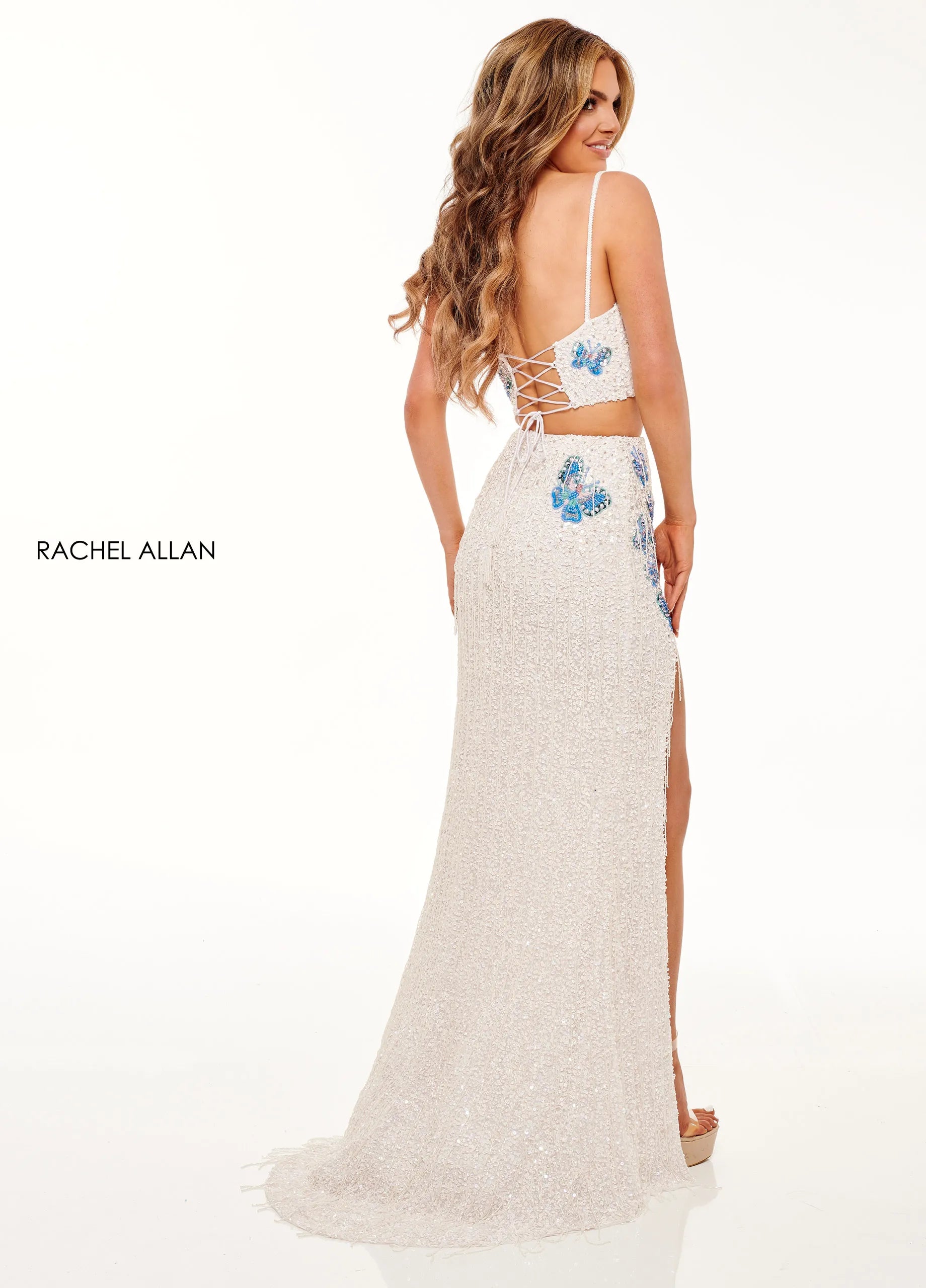 Prom Dresses Long Formal Beaded Sequin Two Piece Slit Prom Dress Rachel Allan 70258 White Multi