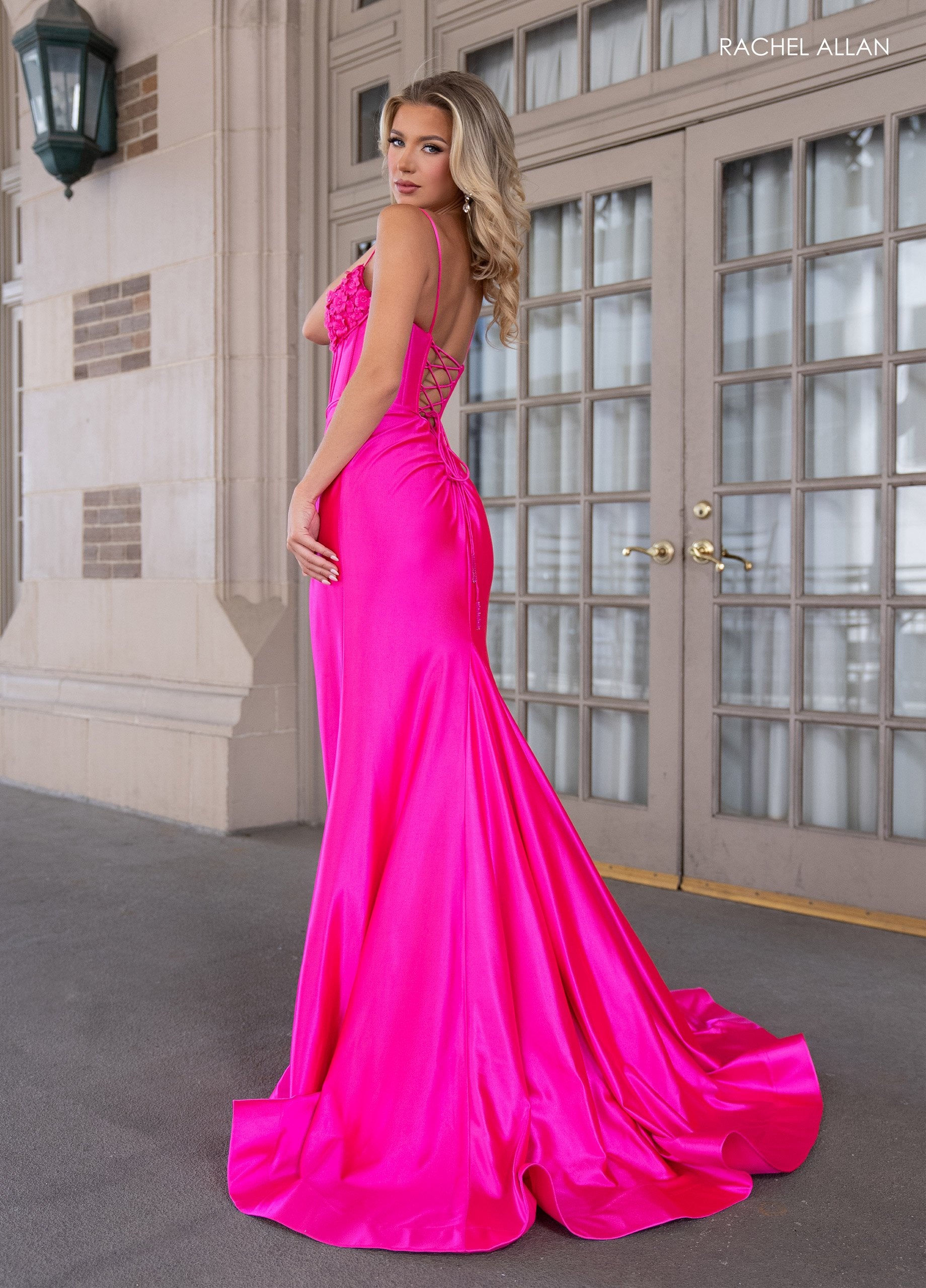 Prom Dresses Long Formal 3D Floral Applique Fitted Prom Dress Hot Pink
