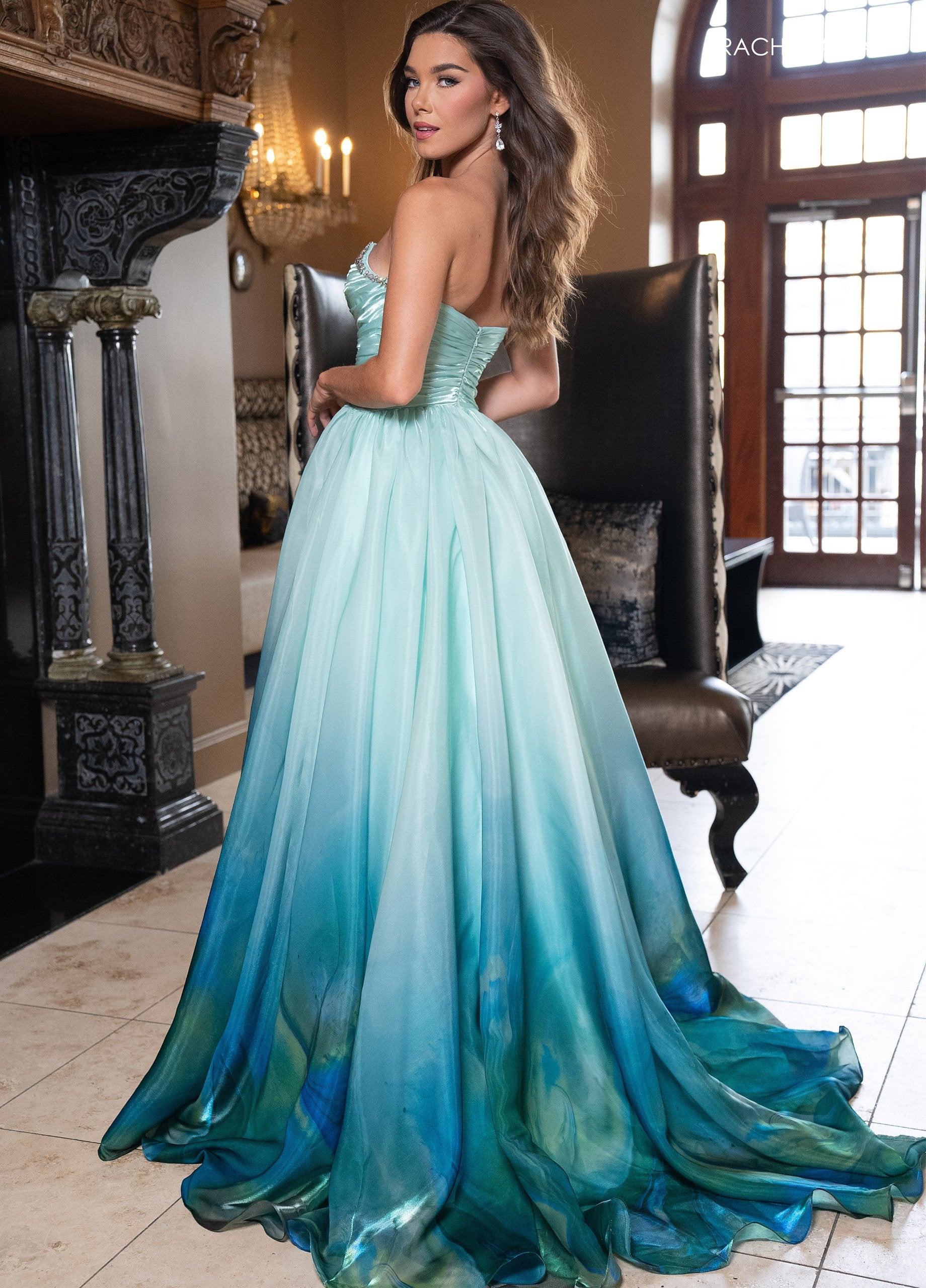 Mint Print Rachel Allan 70727 Prom A Line Long Ombre Formal Dress