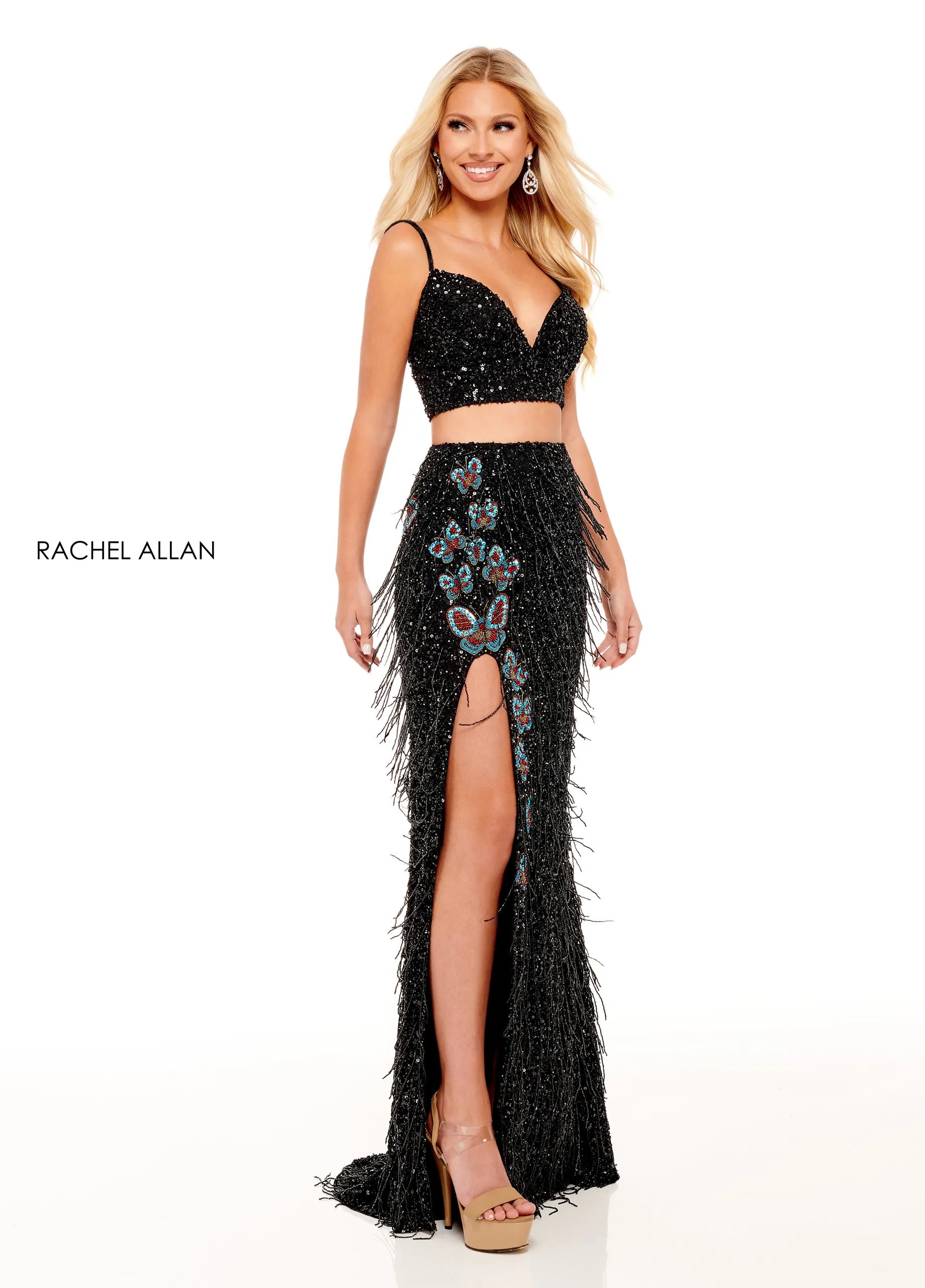 Prom Dresses Long Formal Beaded Sequin Two Piece Slit Prom Dress Rachel Allan 70258 Black Multi