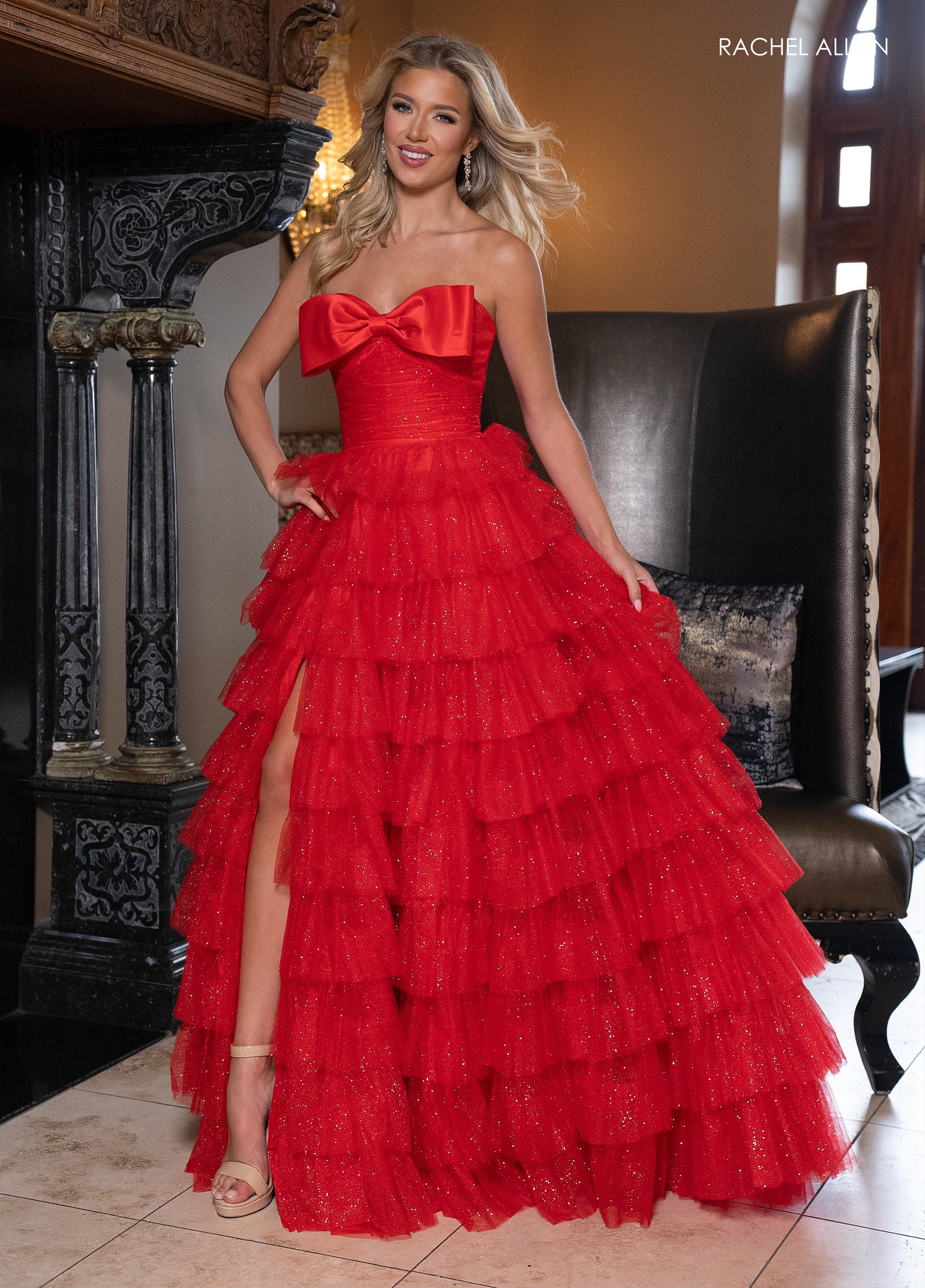 Prom Dresses Long Formal Glitter Layer Slit Prom Dress Red
