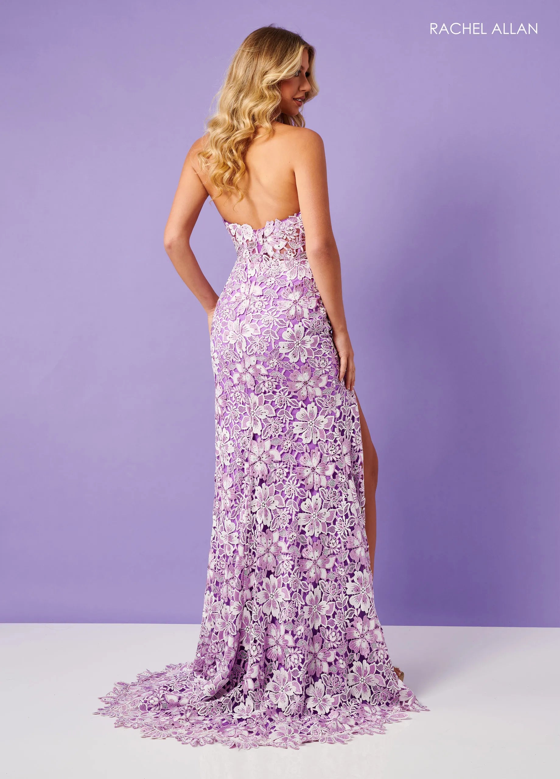 Prom Dresses Floral Applique Long Formal Slit Corset Prom Dress Rachel Allan 70288 Lilac
