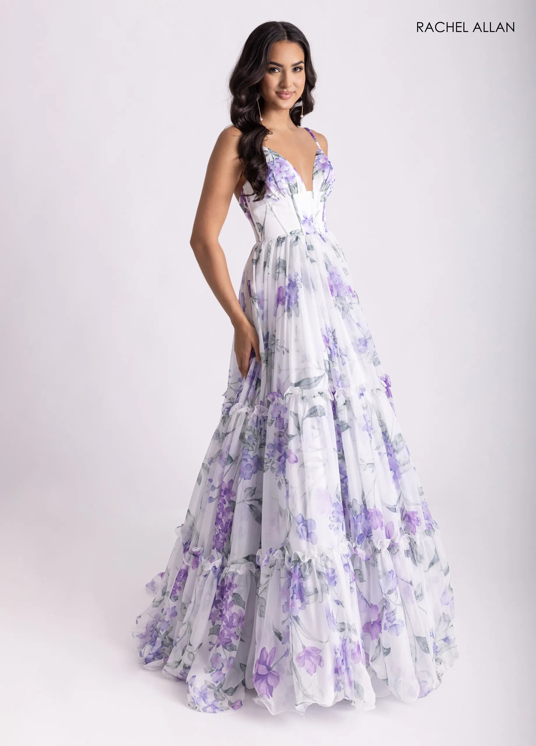Prom Dresses Long Formal Floral Print Ball Gown White Multi