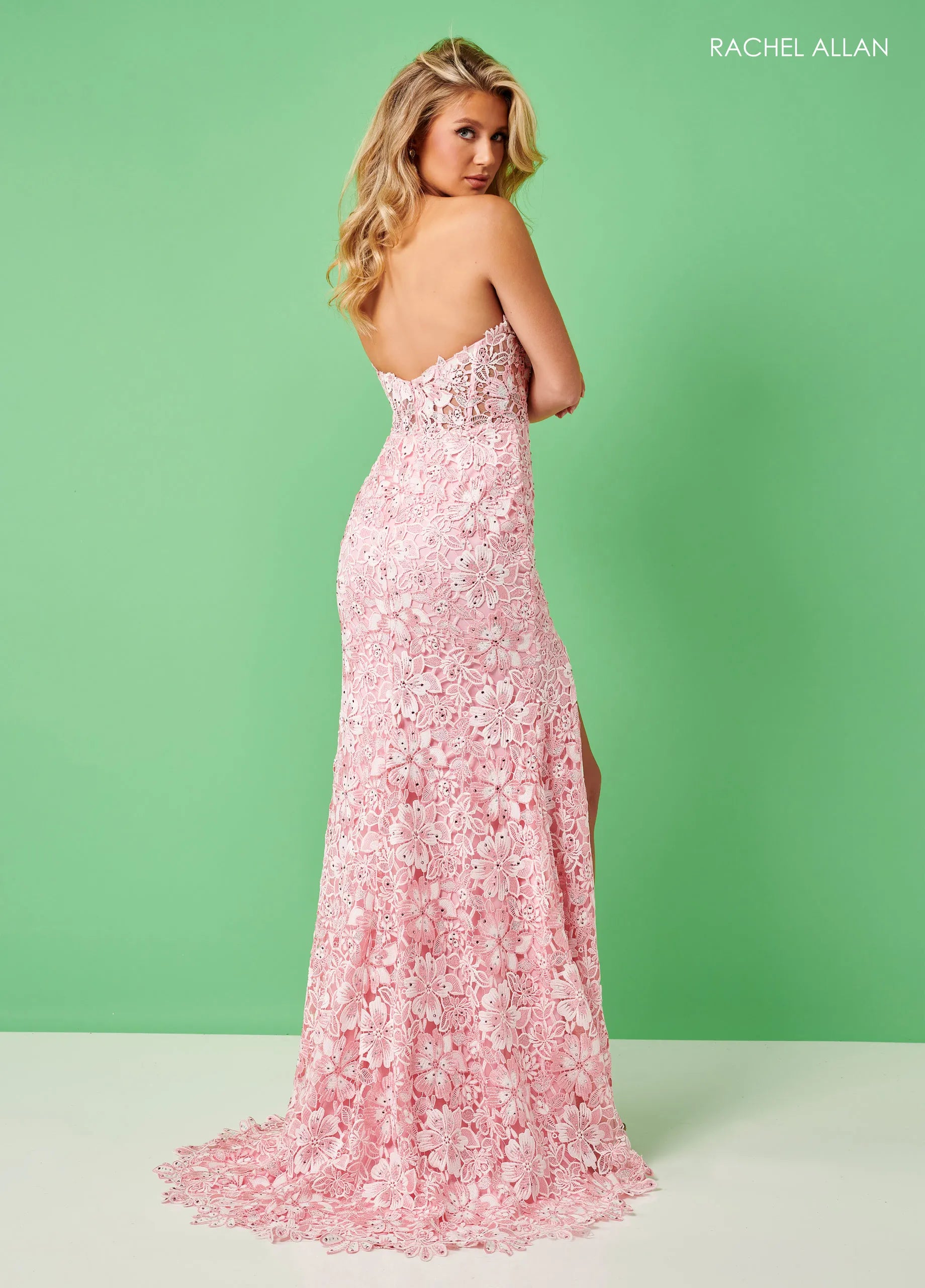 Prom Dresses Floral Applique Long Formal Slit Corset Prom Dress Rachel Allan 70288 Pink