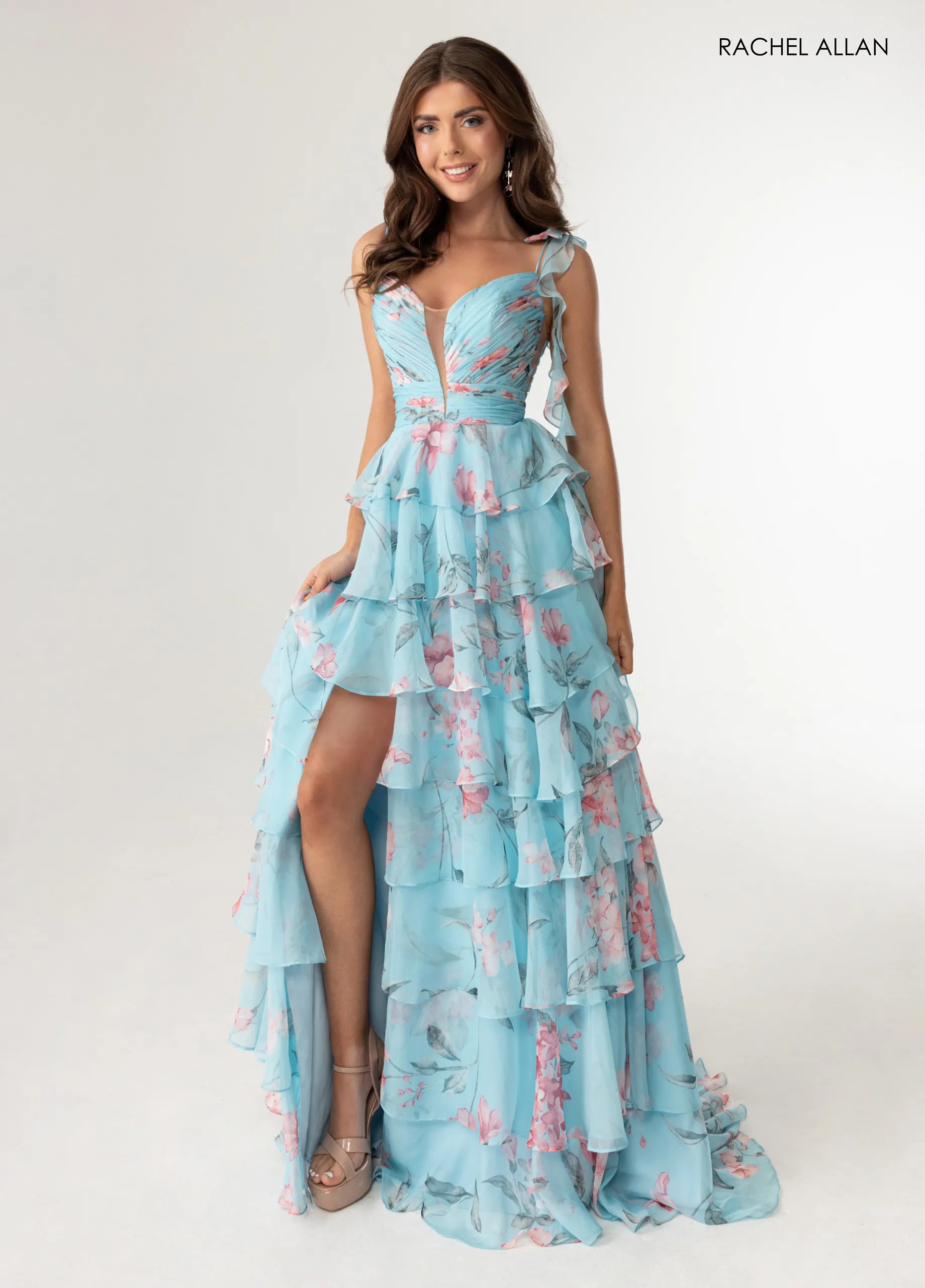 Prom Dresses Long Formal Floral Print Ruffle Dress Sky Blue Multi