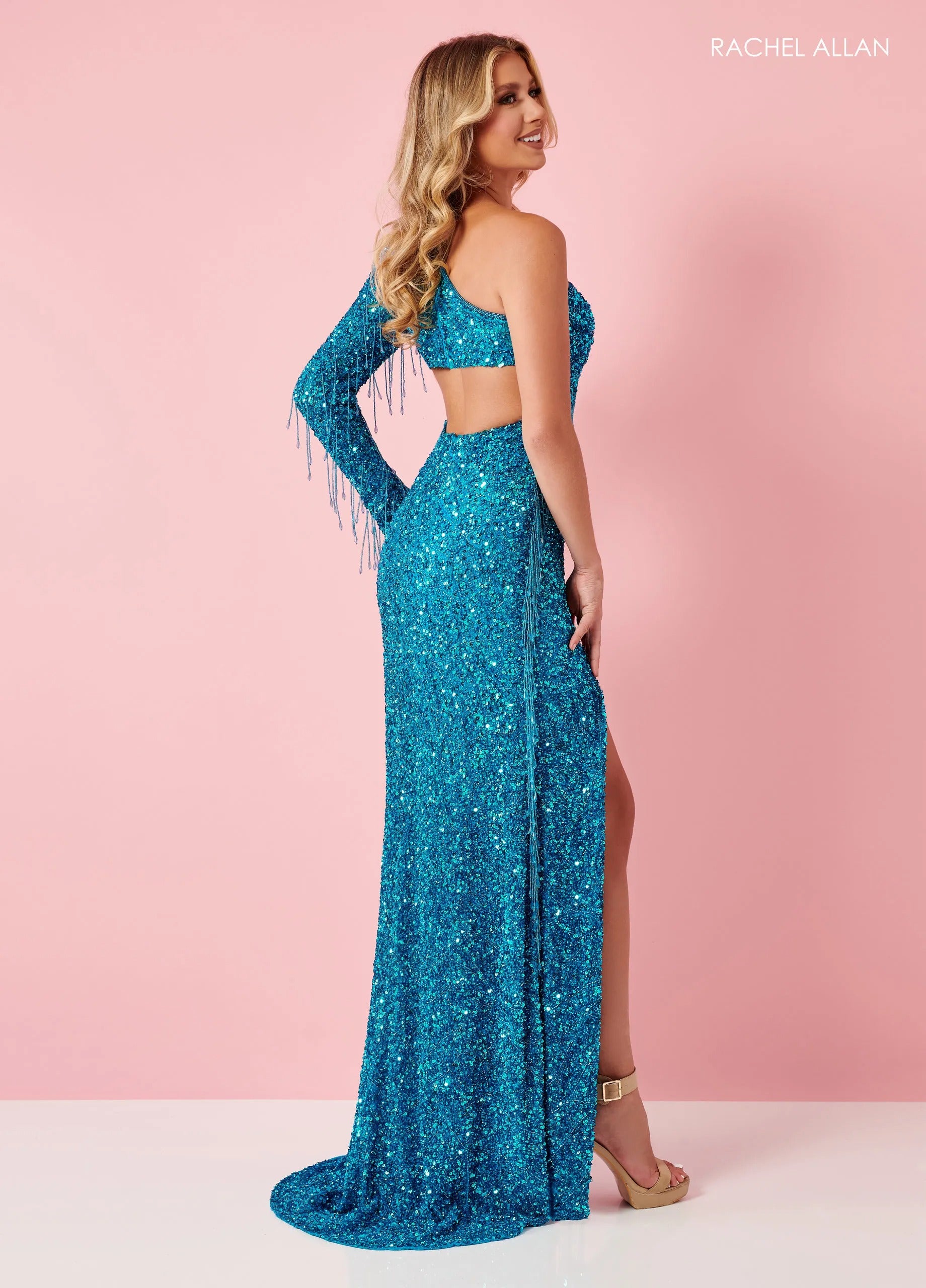 Prom Dresses Formal Beaded Sequin Slit Formal Prom Long Dress Rachel Allan 70378 Ocean Blue