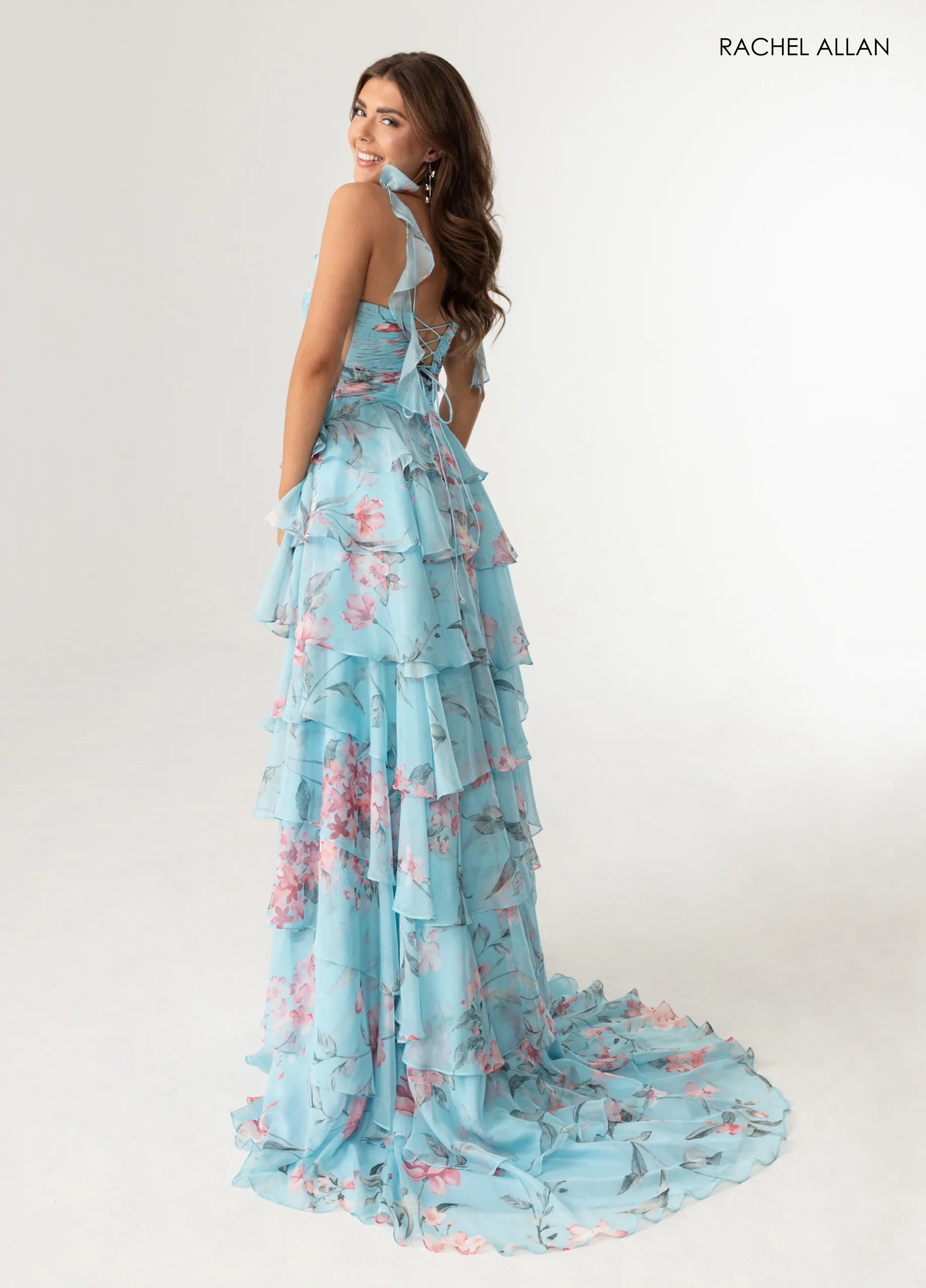 Prom Dresses Long Formal Floral Print Ruffle Dress Sky Blue Multi