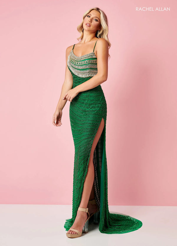 Long Formal Prom Slit Beaded Dress Rachel Allan 70358