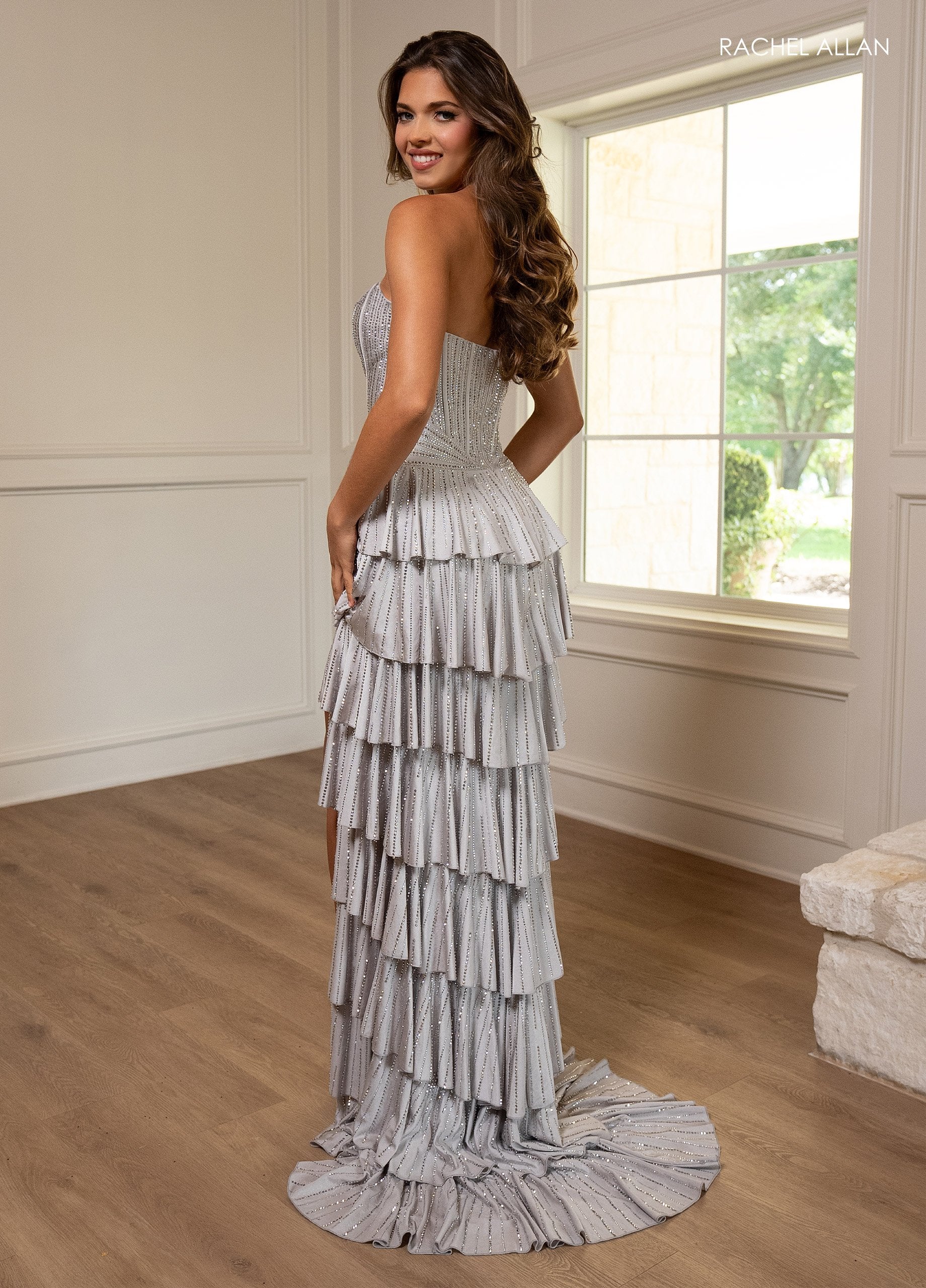 Prom Dresses Long Formal Beaded Ruffle Prom Dress Silver