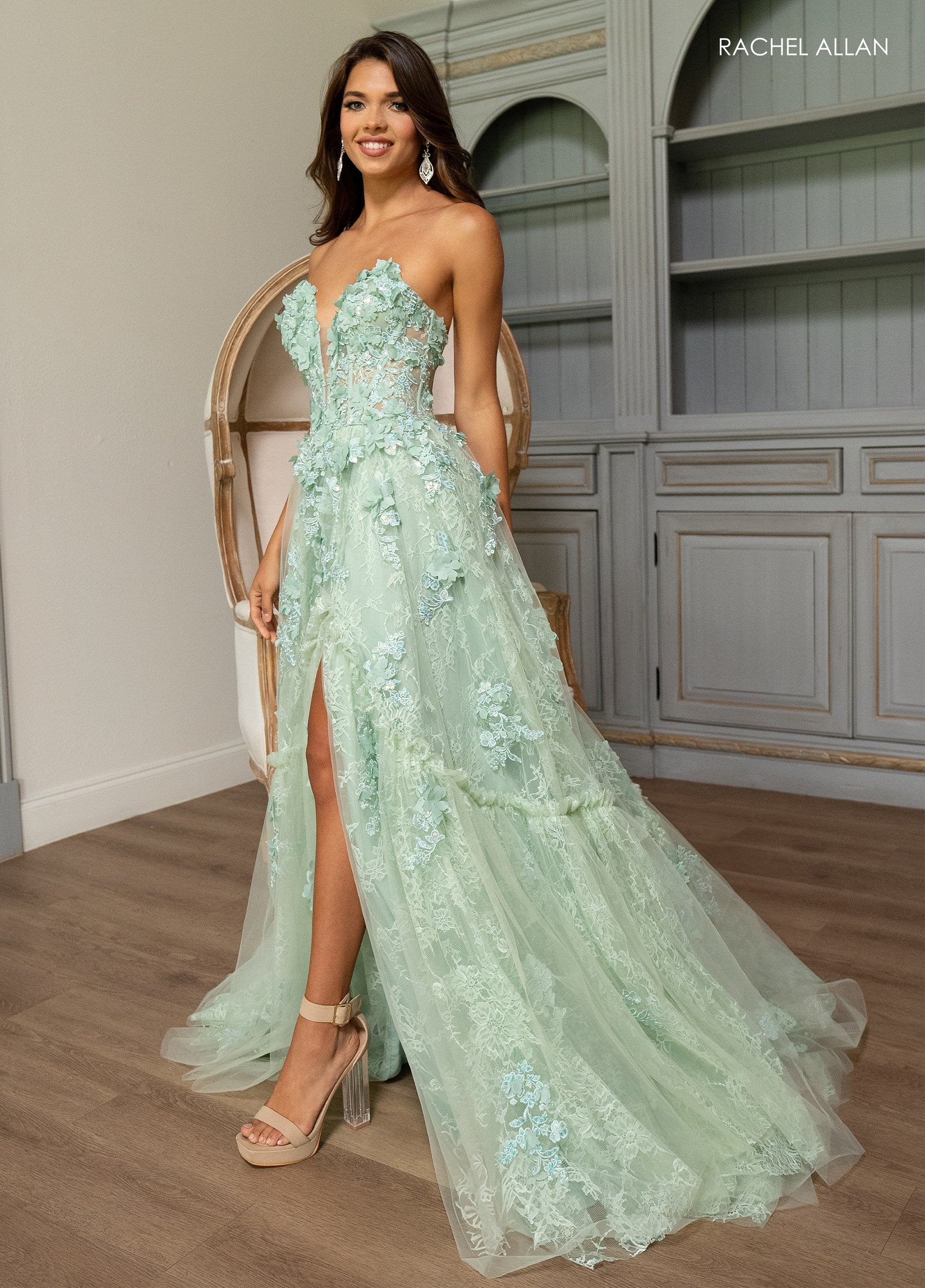 Rachel Allan 70724 Long 3D Floral A Line Formal Prom Dress
