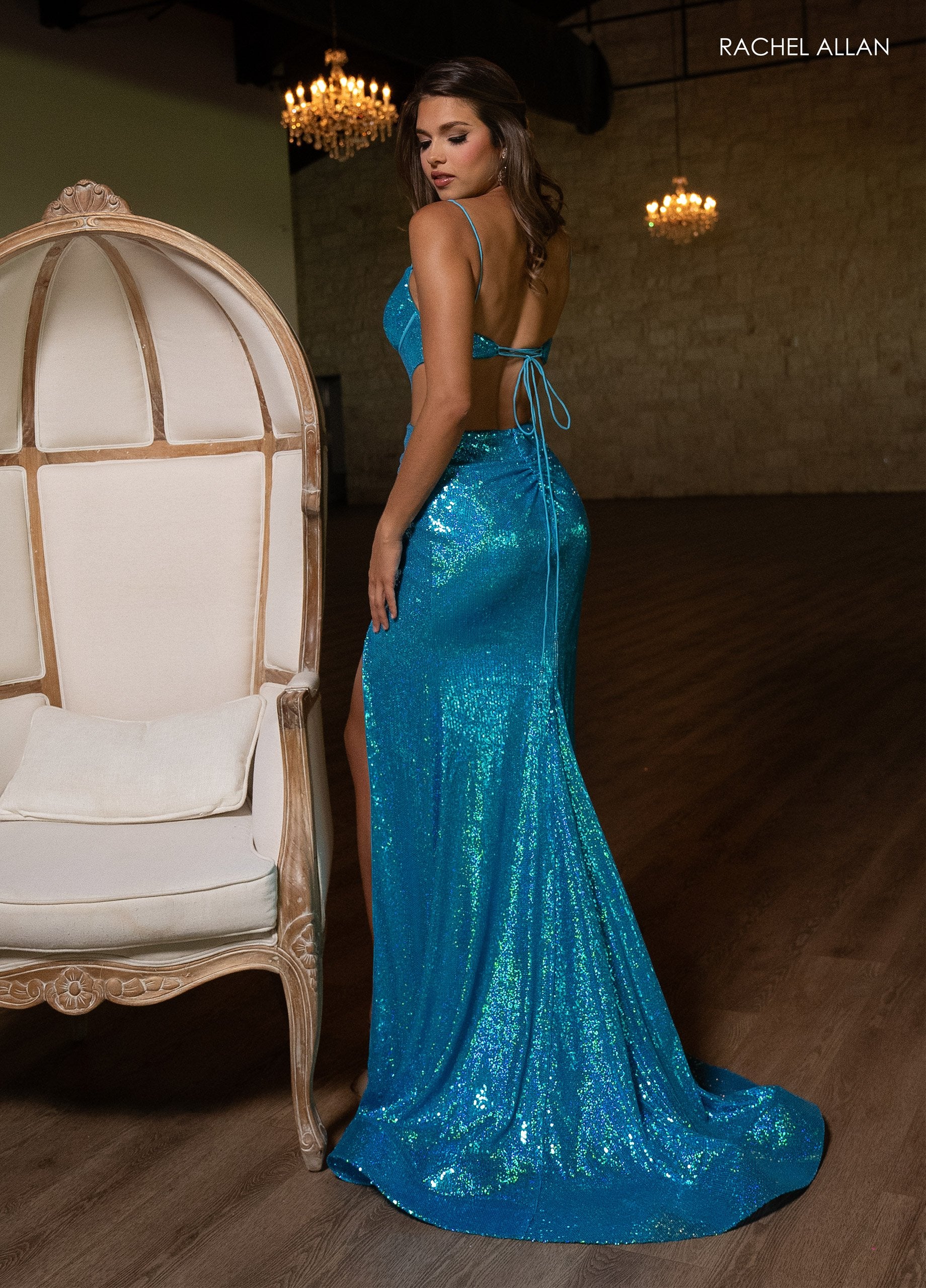Rachel Allan 70732 Prom Fitted Long Sequin Slit Formal Dress