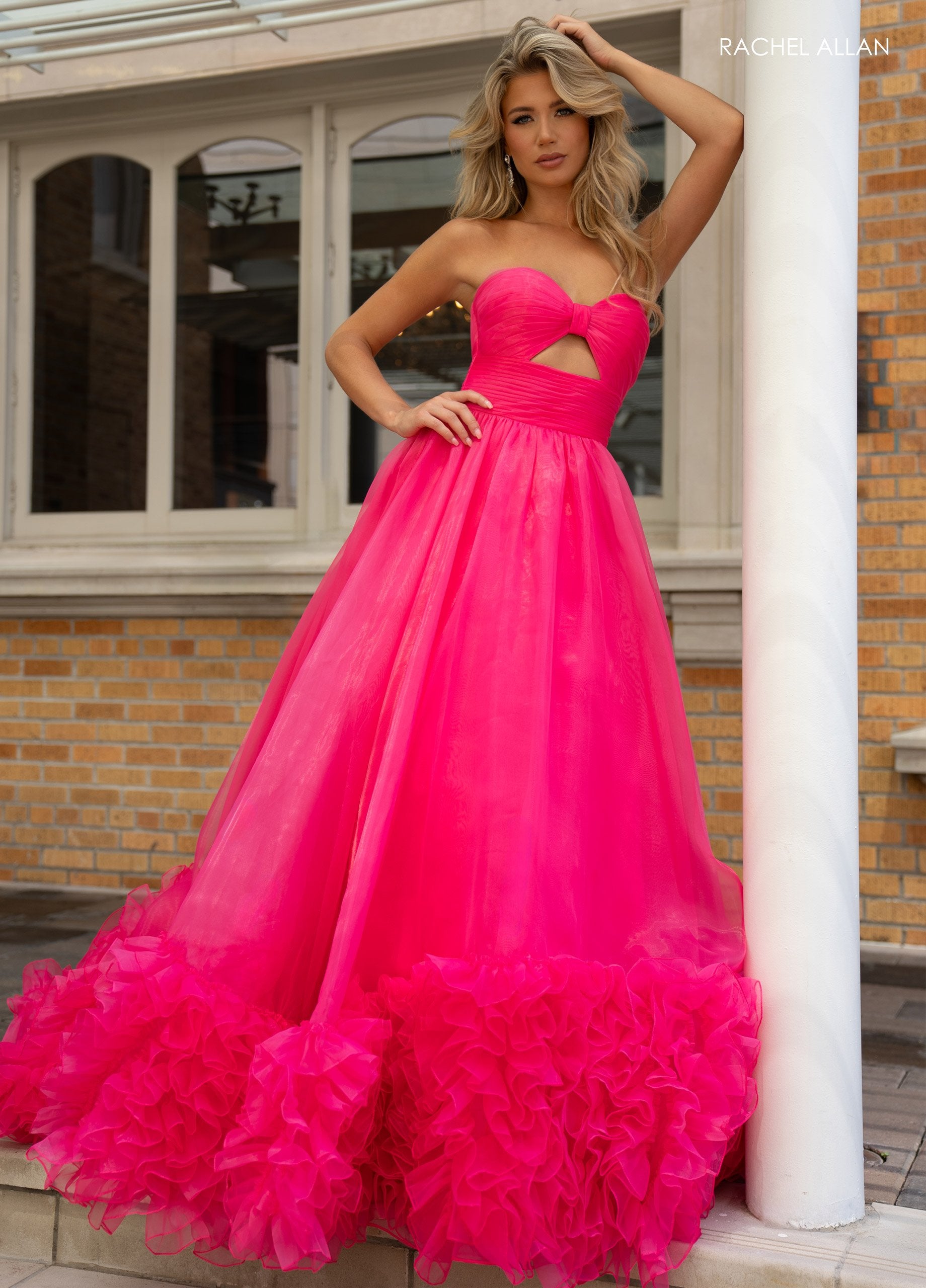 Prom Dresses Long Slit Ruffled Formal Prom Dress  Hot Pink 