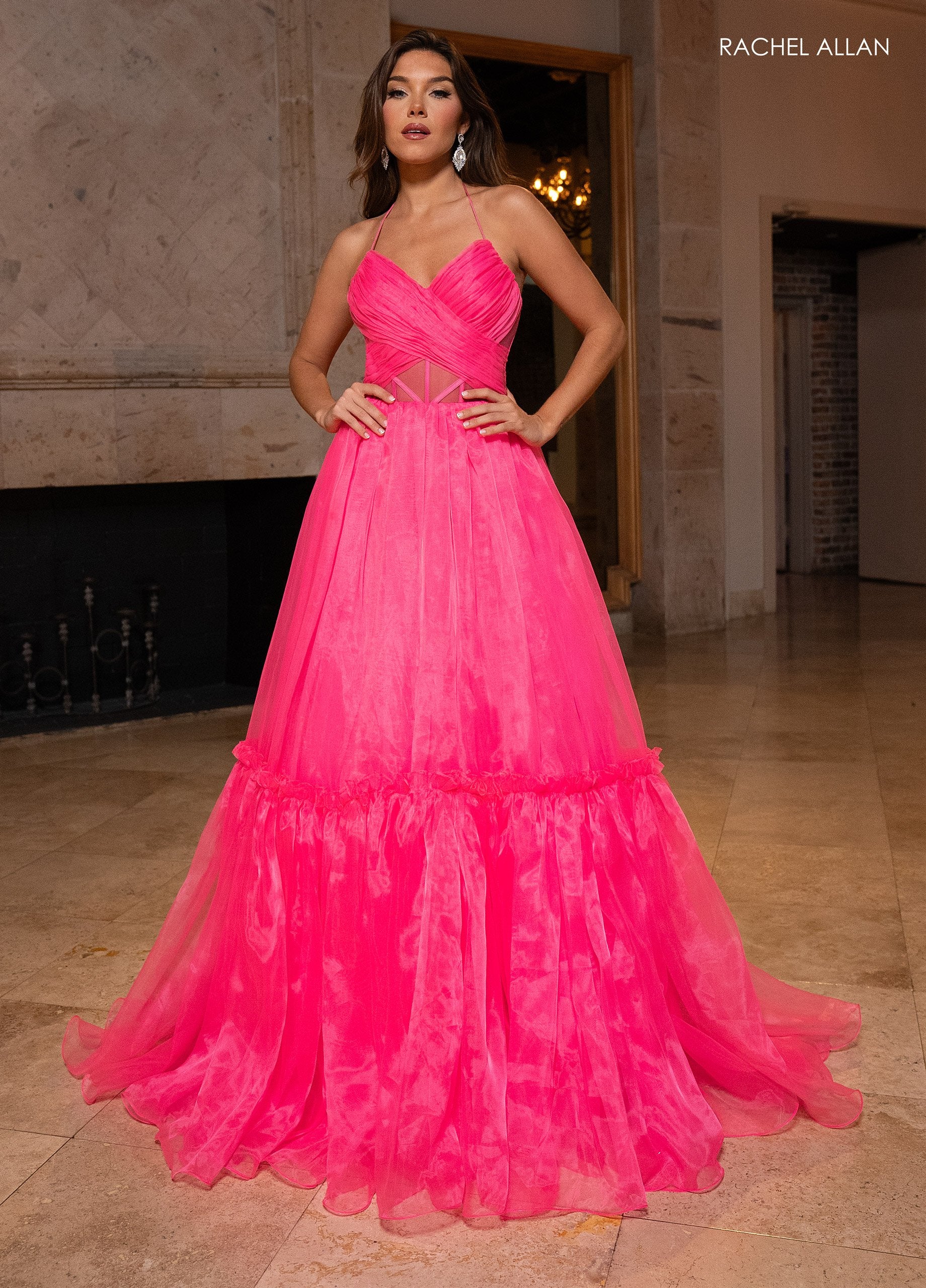 Prom Dresses Long Formal Tiered Ball Gown Pleated Prom Dress Hot Pink