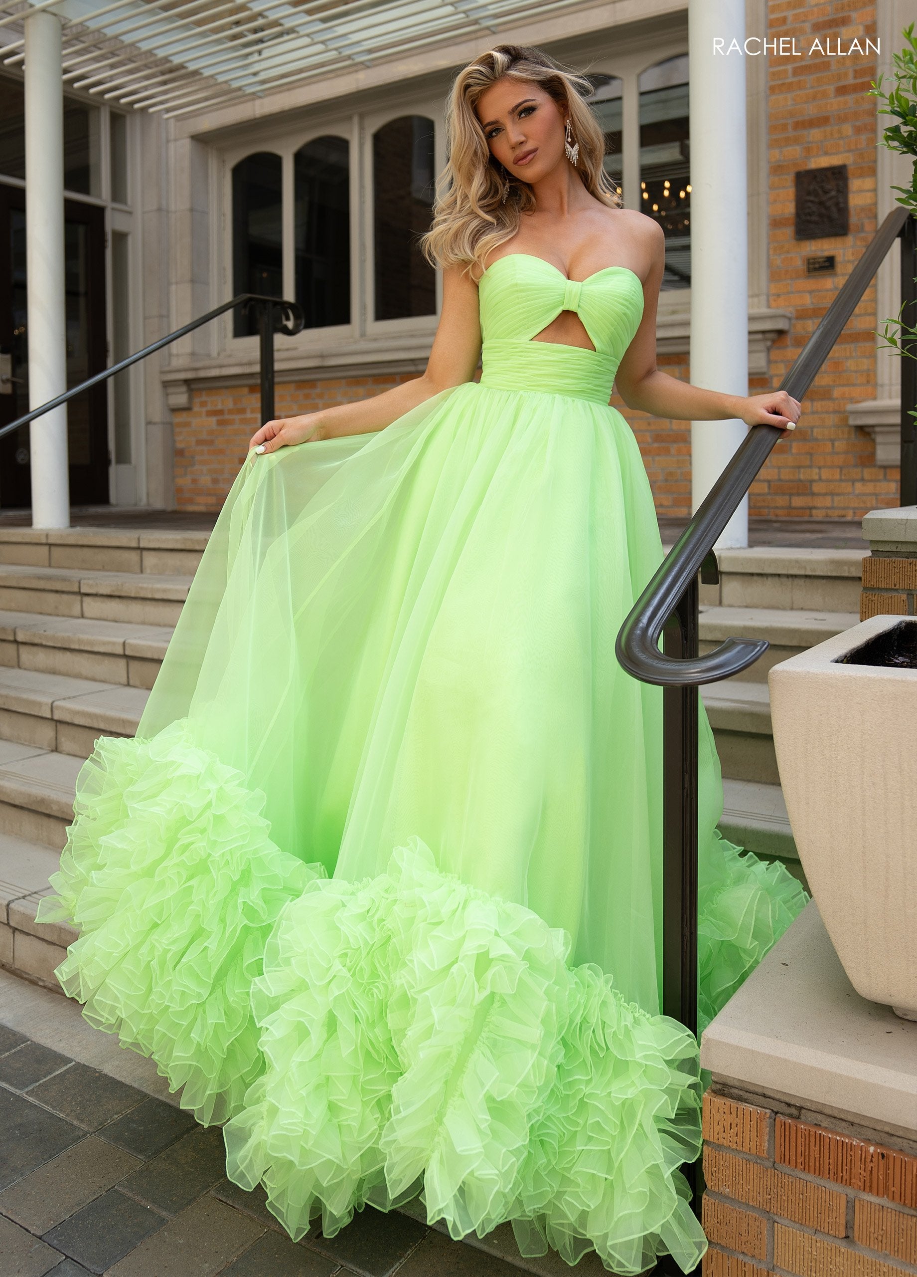 Prom Dresses Long Slit Ruffled Formal Prom Dress  Lime