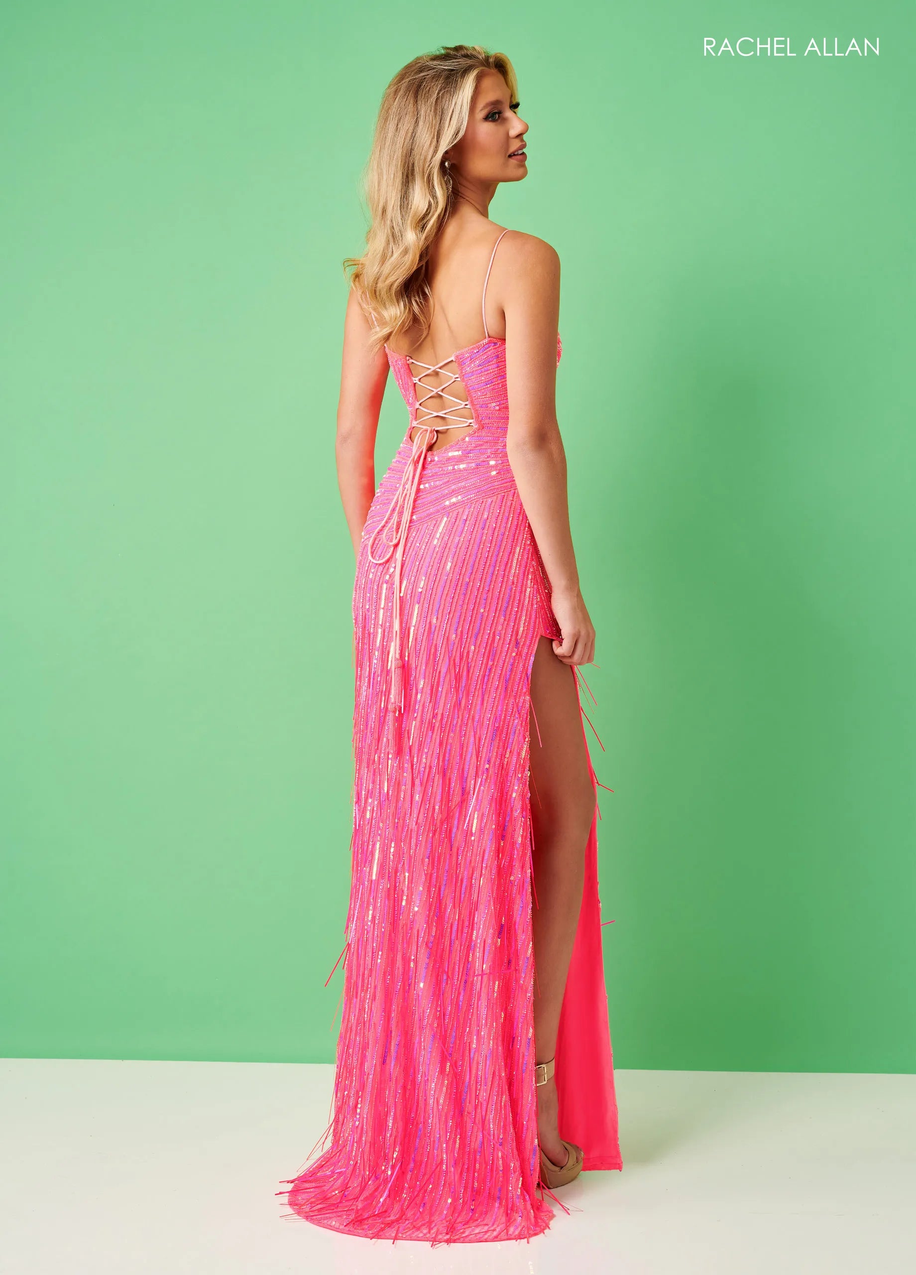 Prom Dresses Formal Long Slit Beaded Sequin Prom Dress Rachel Allan 70433 Hot Pink