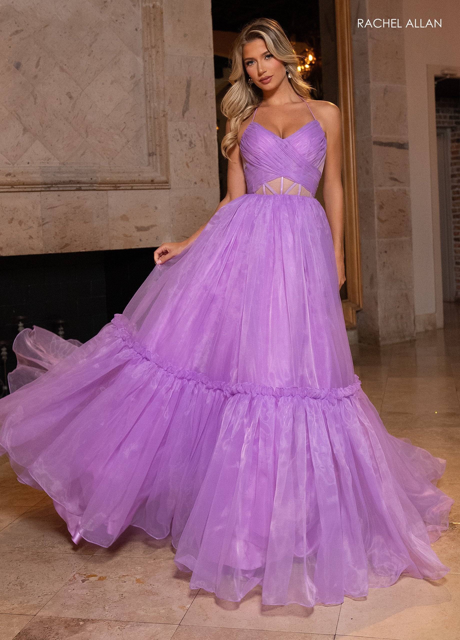 Prom Dresses Long Formal Tiered Ball Gown Pleated Prom Dress Lilac
