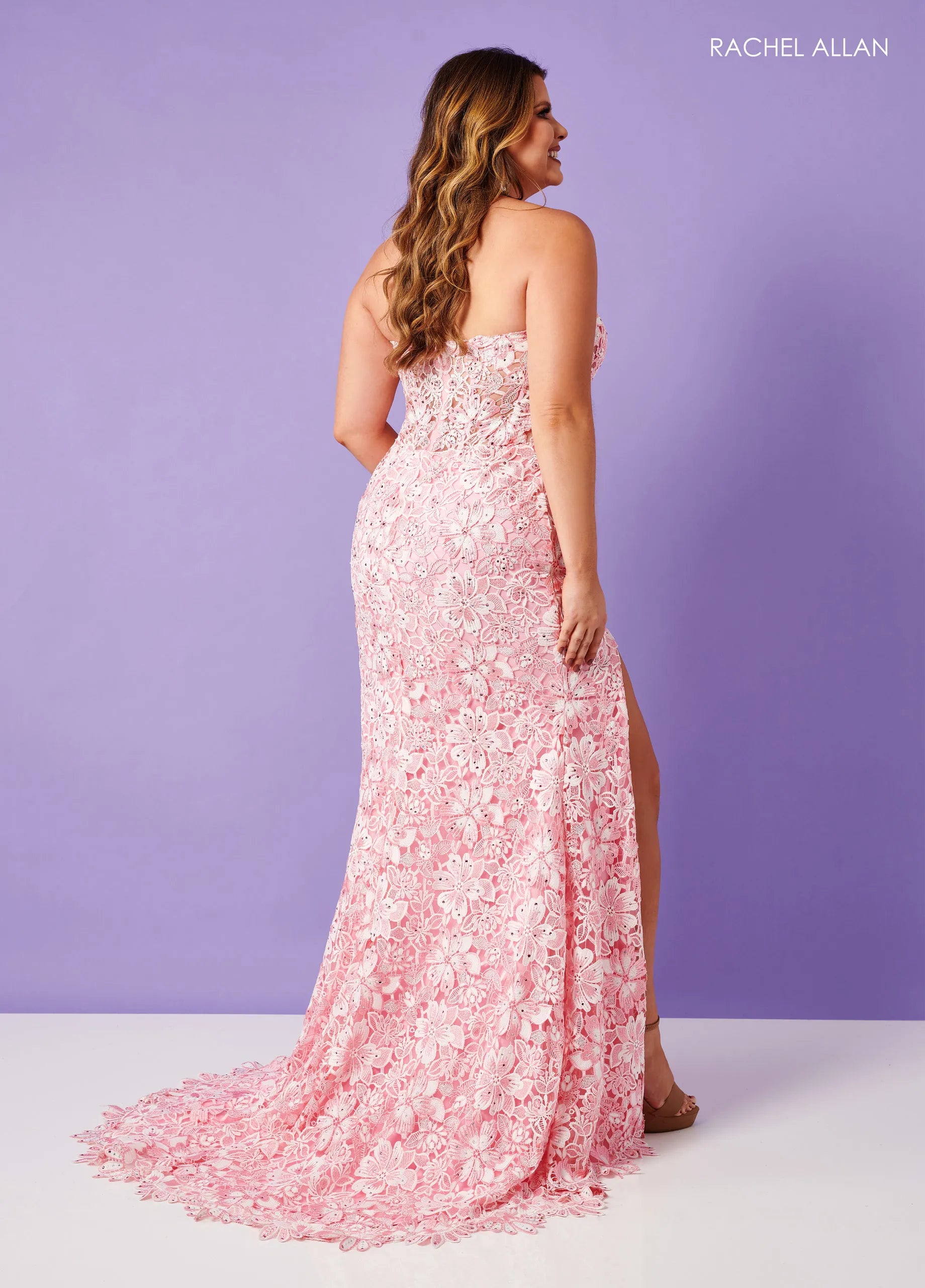 Prom Dresses Floral Applique Long Formal Slit Corset Prom Dress Rachel Allan 70288 Pink