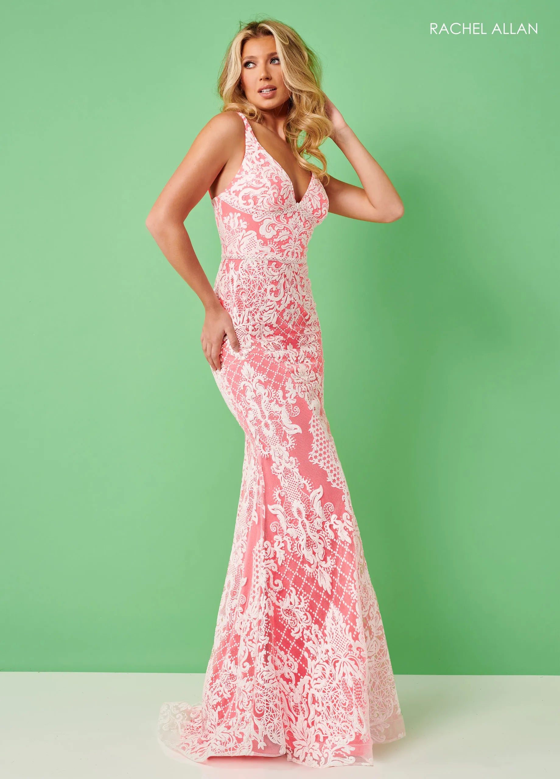 Prom Dresses Long Formal Lace Applique Glitter Mermaid Prom Dress Rachel Allan 70277 Neon Pink White