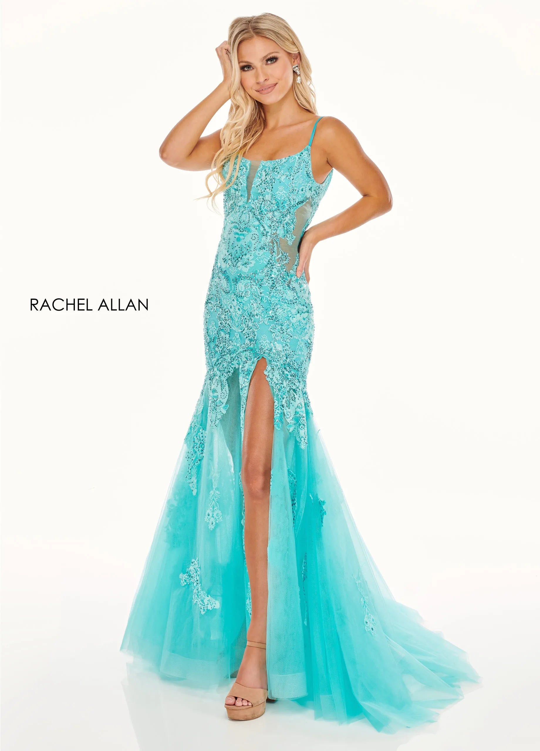 Prom Dresses Long Formal Floral Applique Slit Corset Prom Dress Rachel Allan 70275 Aqua Green