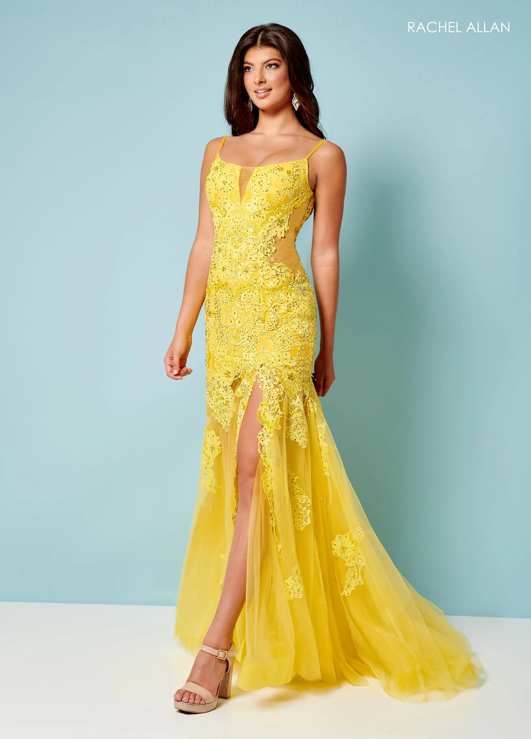 Prom Dresses Long Formal Floral Applique Slit Corset Prom Dress Rachel Allan 70275 Bright Yellow