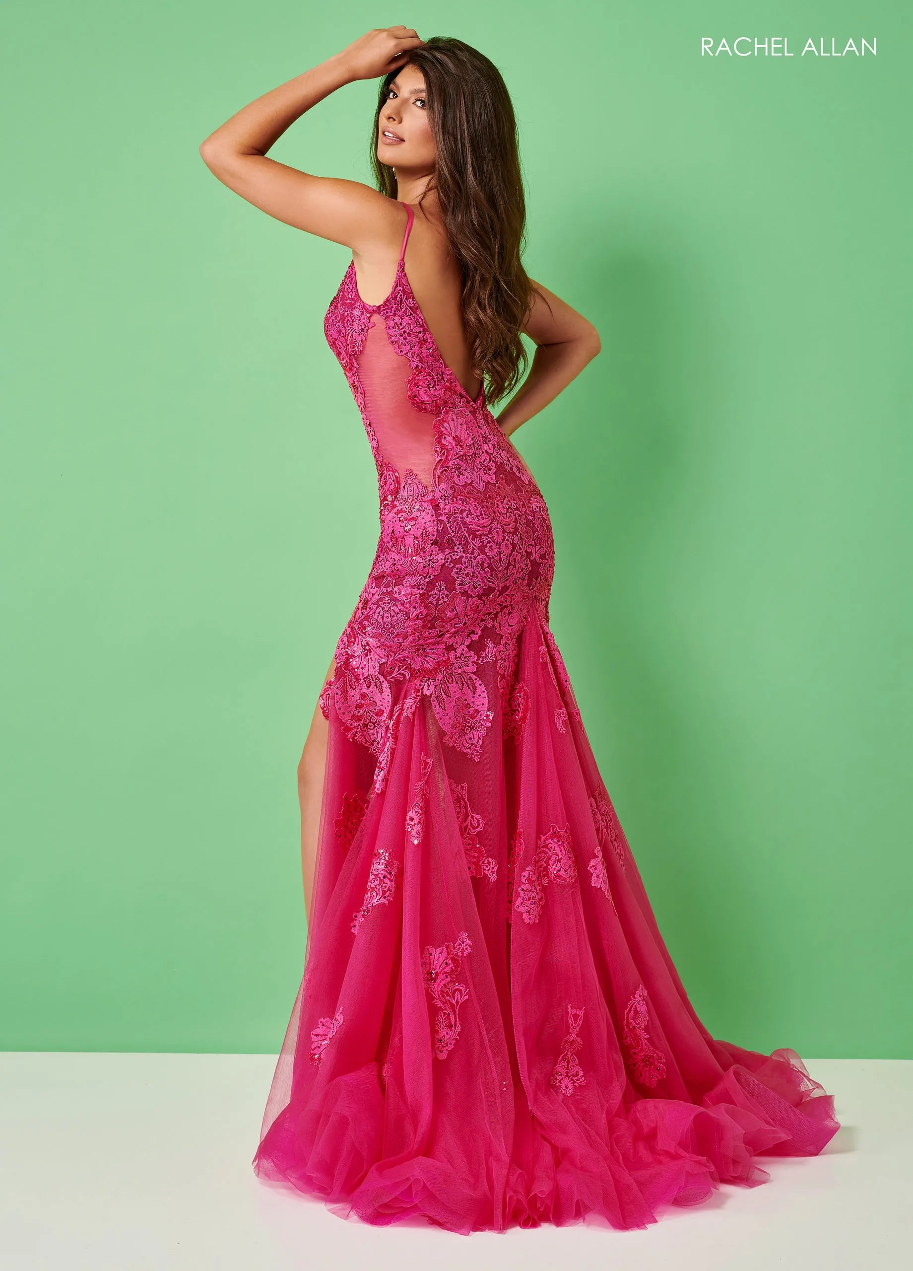 Prom Dresses Long Formal Floral Applique Slit Corset Prom Dress Rachel Allan 70275 Fuchsia