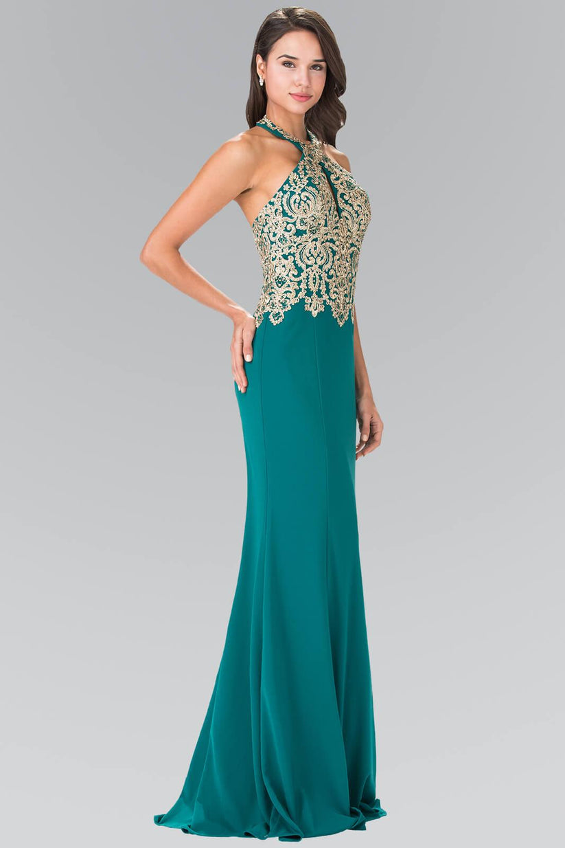 Teal Prom Fitted Halter Neck Formal Dress Evening Gown