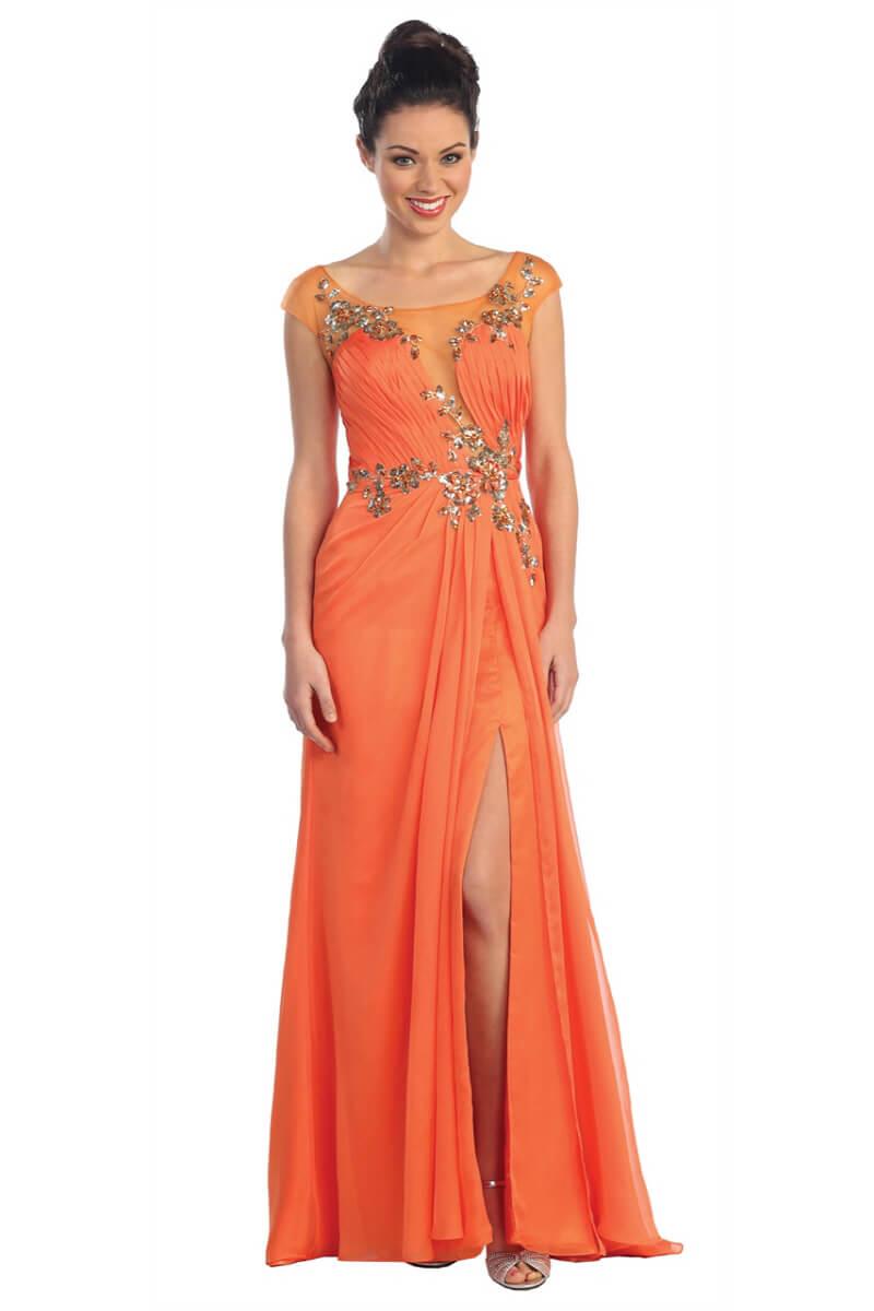 GLS Orange Cap Sleeve Prom Formal Dress - Illusion Bateau Neckline - A-Line Skirt - Size S