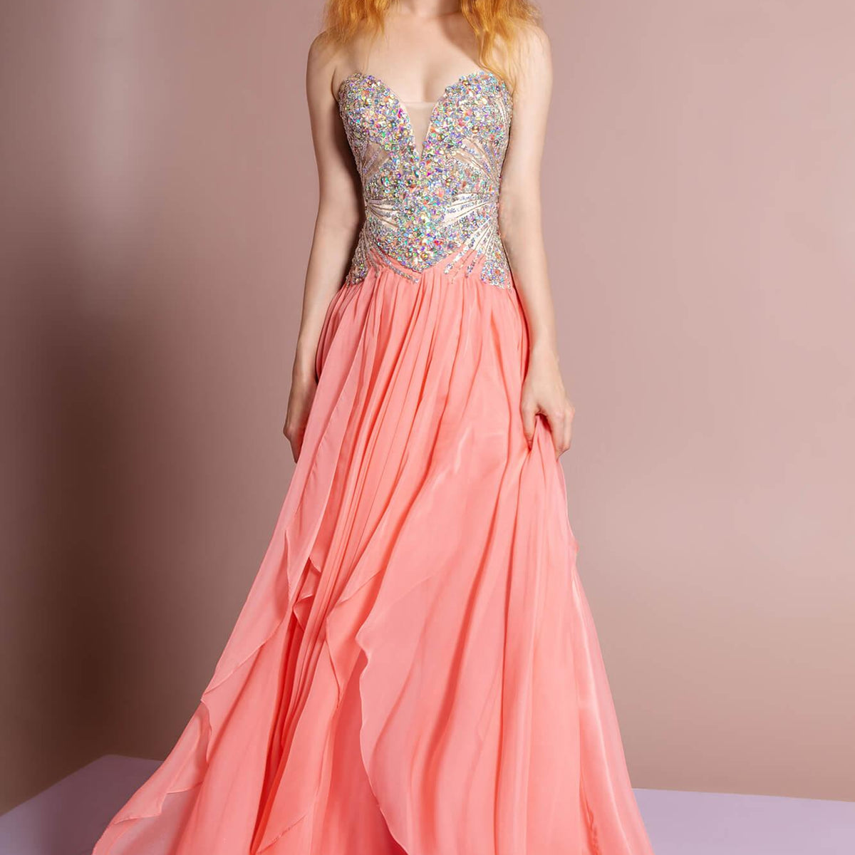 GLS Coral Strapless Sweetheart Chiffon Long Prom Dress - Corset Back