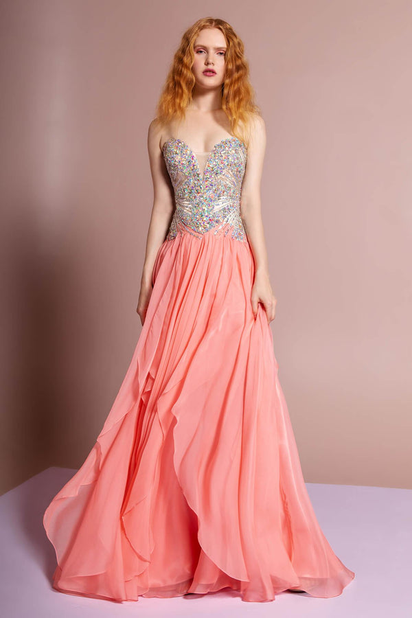 GLS Coral Strapless Sweetheart Chiffon Long Prom Dress - Corset Back