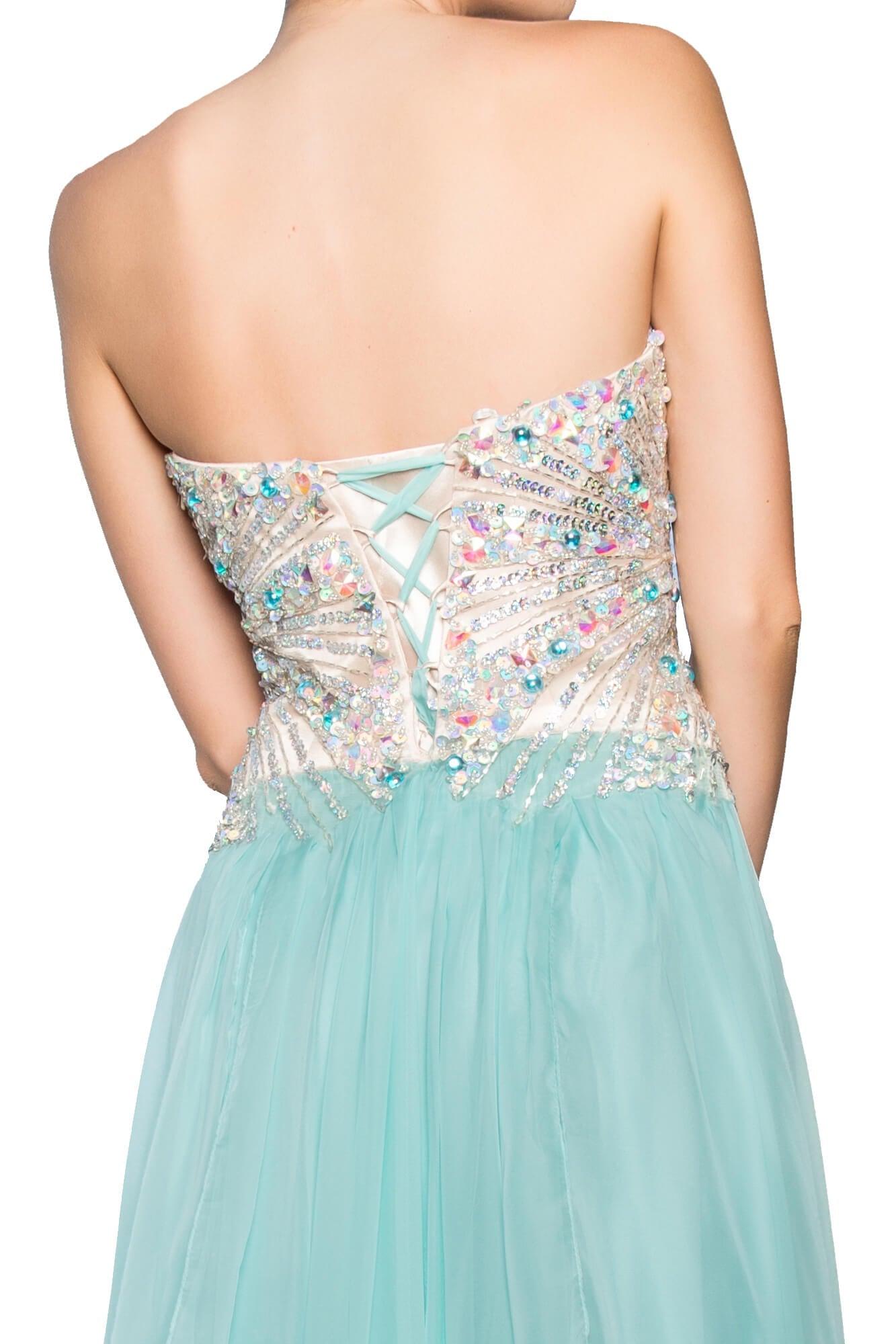 GLS Coral Strapless Sweetheart Chiffon Long Prom Dress - Corset Back - Sizes XS to 2XL GLS Coral Strapless Sweetheart Chiffon Long Prom Dress - Corset Back - Sizes XS to 2XL