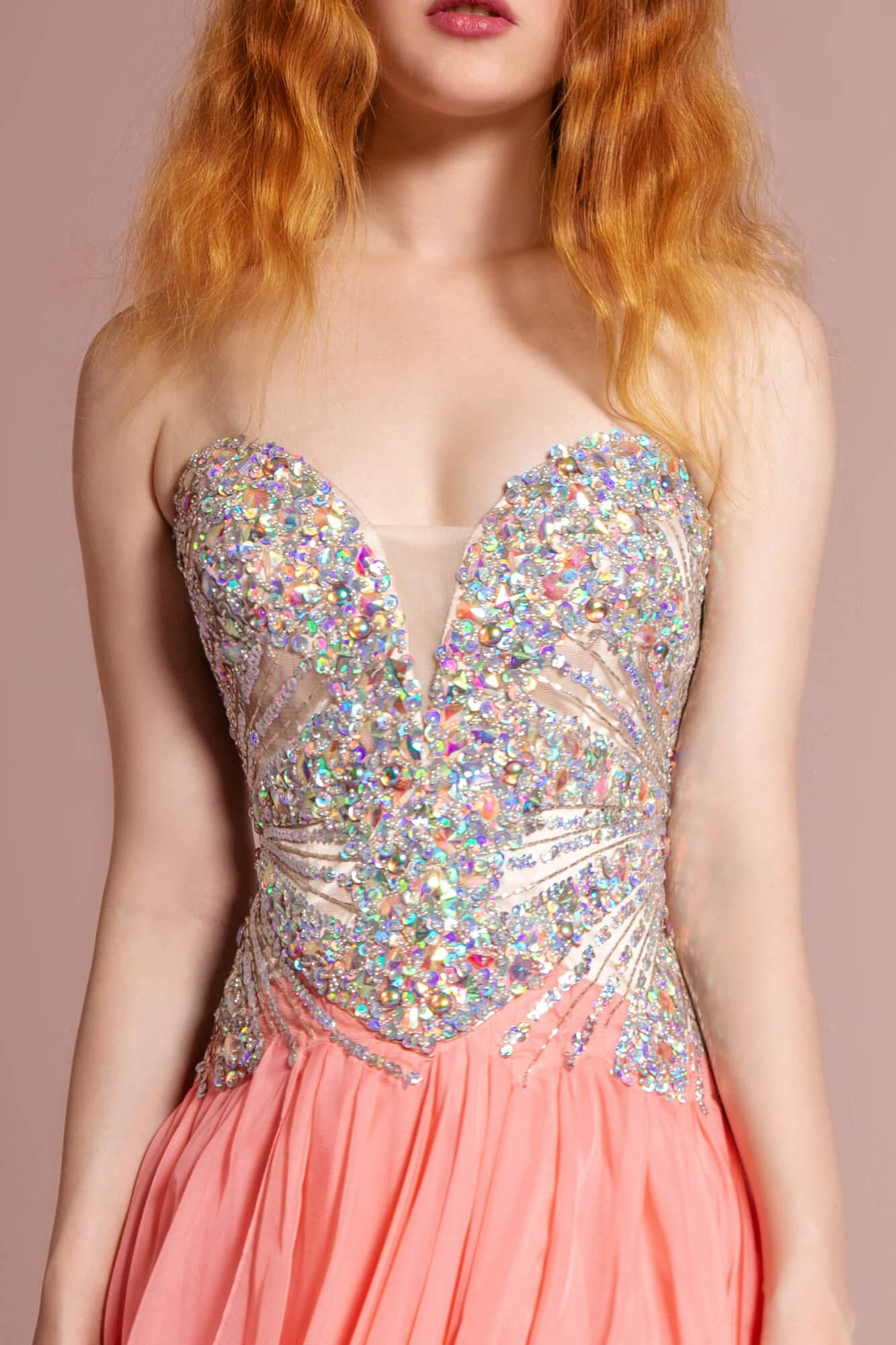 GLS Coral Strapless Sweetheart Chiffon Long Prom Dress - Corset Back - Sizes Xs to 2XL GLS Coral Strapless Sweetheart Chiffon Long Prom Dress - Corset Back - Sizes Xs to 2XL