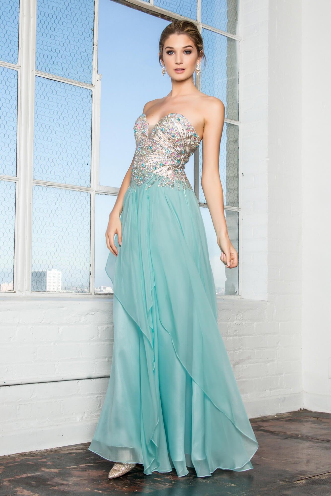 GLS Prom Formal Strapless Sweetheart Chiffon Long Dress - Tiffany - Size S - Corset Back GLS Prom Formal Strapless Sweetheart Chiffon Long Dress - Tiffany - Size S - Corset Back