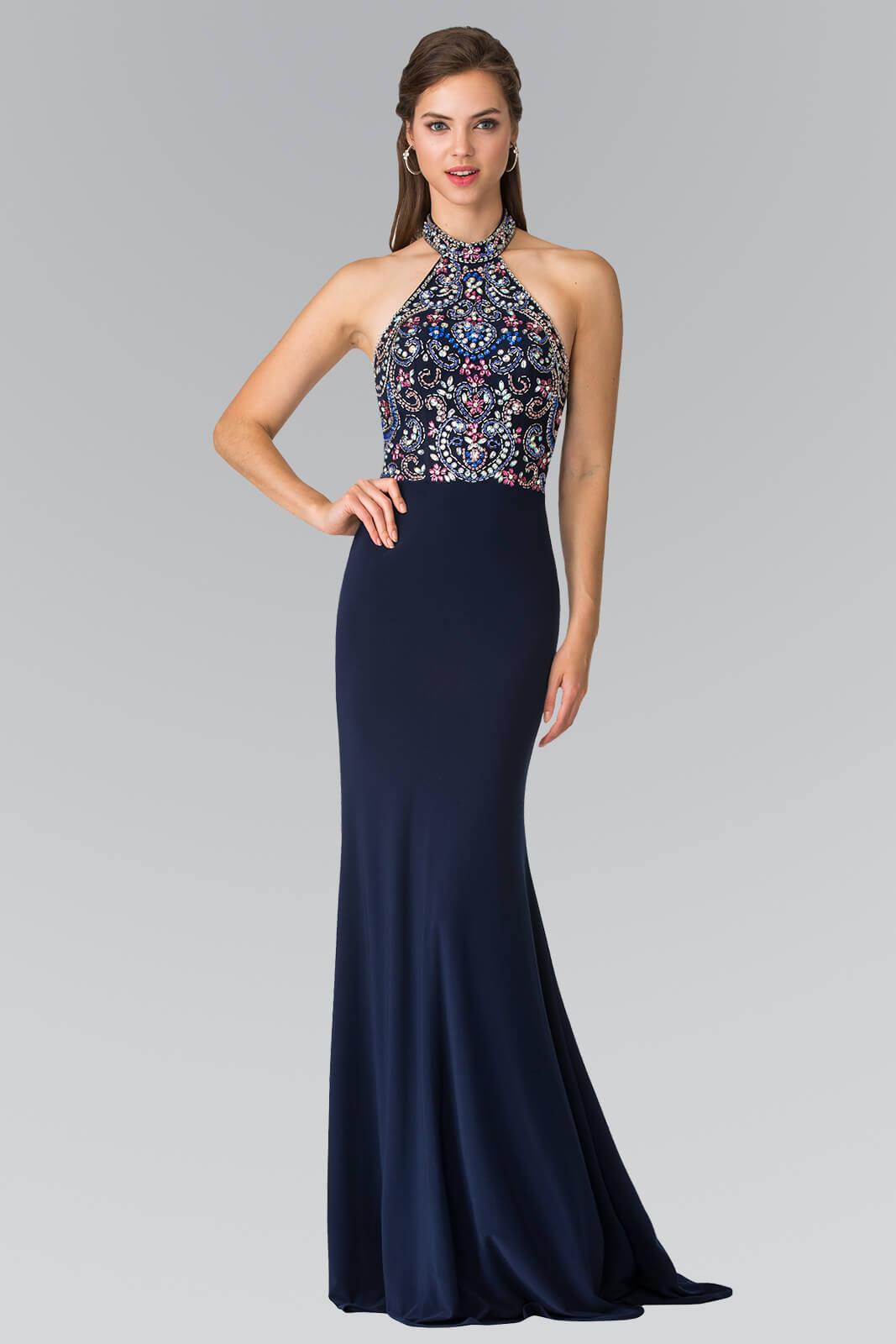 GLS Navy Long Beaded Halter Neck Evening Formal Dress - Size L - Full Length Prom Dress GLS Navy Long Beaded Halter Neck Evening Formal Dress - Size L - Full Length Prom Dress