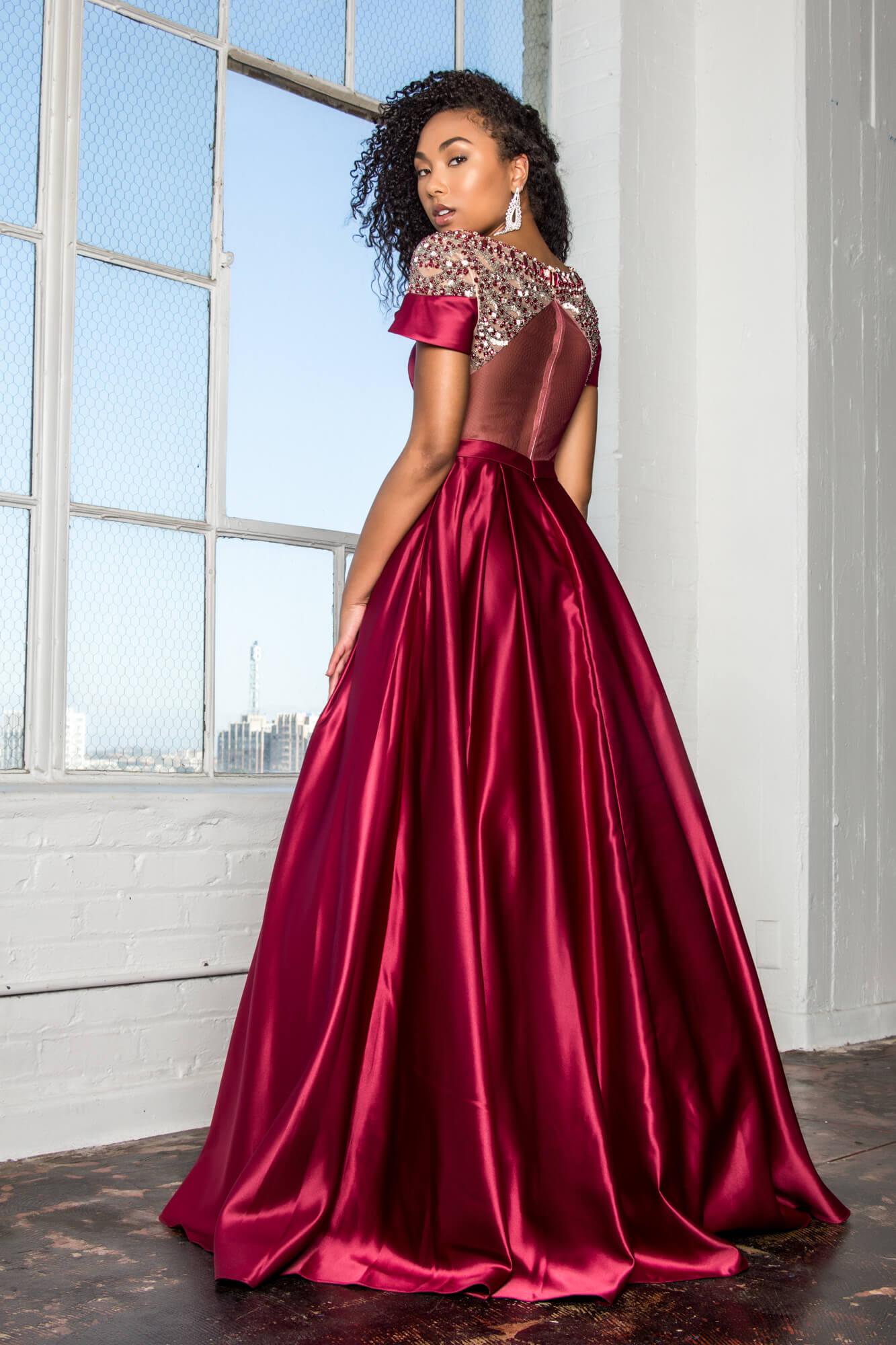 Prom Long Cap Sleeve Evening Ball Gown with Pockets
