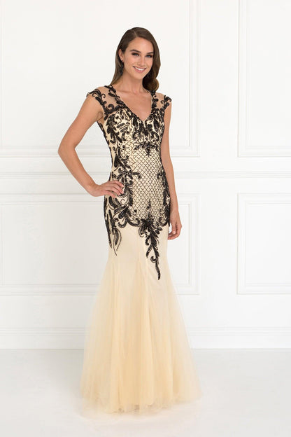Prom Long Cap Sleeve V-Neckline Formal Dress evening Gown - The Dress Outlet Elizabeth K