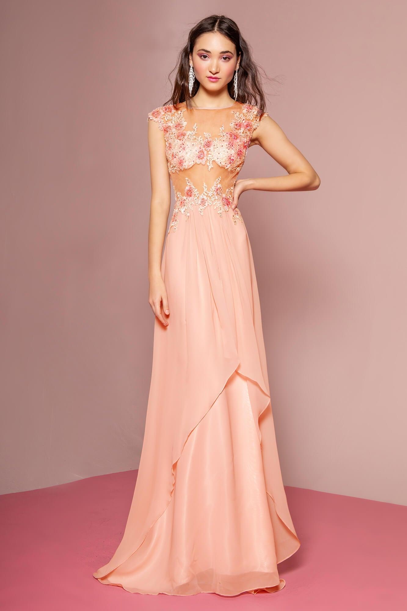 GLS Prom Long Dress Cap Sleeve Chiffon Evening Gown - Peach - Size L - Beaded Floral Lace GLS Prom Long Dress Cap Sleeve Chiffon Evening Gown - Peach - Size L - Beaded Floral Lace