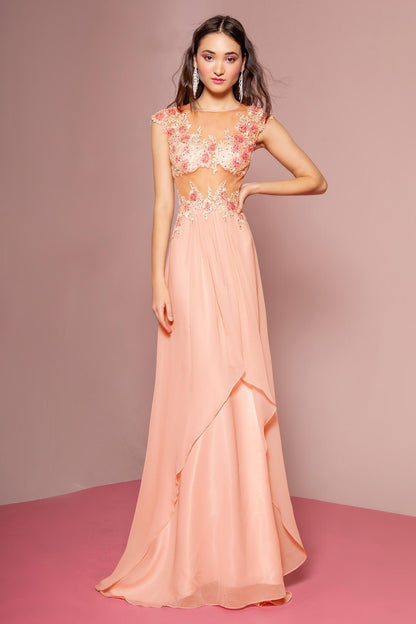 Prom Long Dress Cap Sleeve Chiffon Evening Gown - The Dress Outlet Elizabeth K
