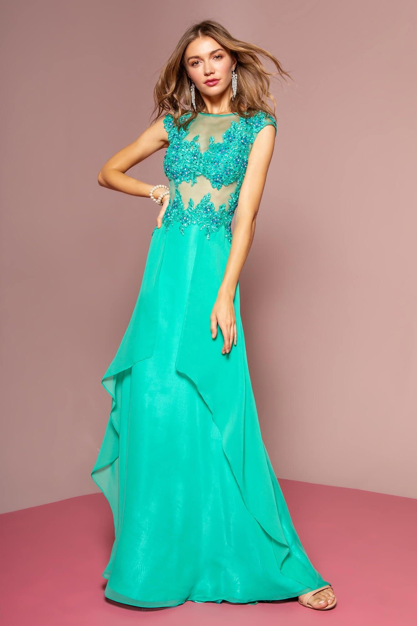 Prom Long Dress Cap Sleeve Chiffon Evening Gown - The Dress Outlet Elizabeth K