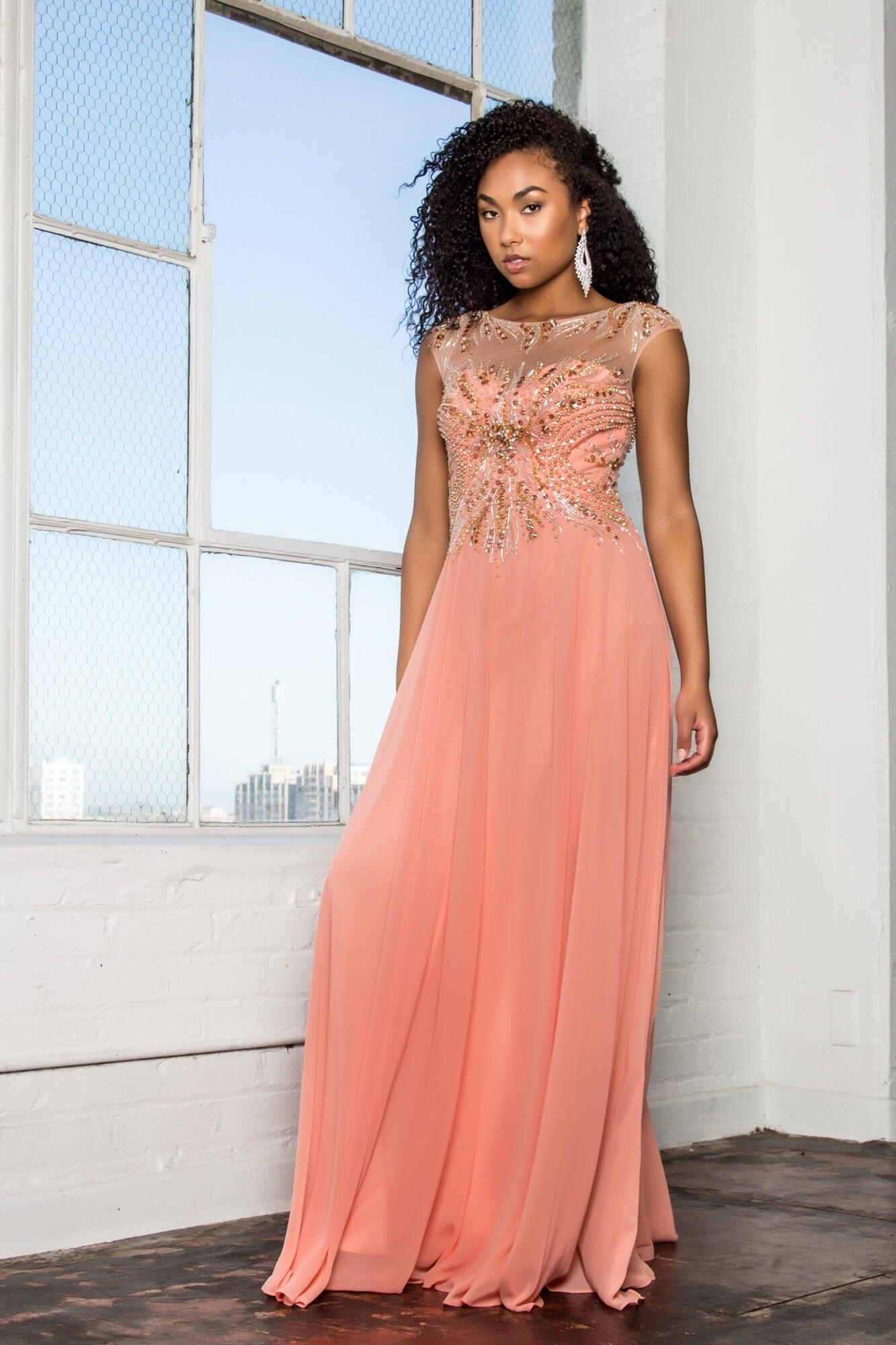 GLS Coral Prom Long Dress Evening Gown - Cap Sleeve Scoop Neckline with Beaded Trim - Size S GLS Coral Prom Long Dress Evening Gown - Cap Sleeve Scoop Neckline with Beaded Trim - Size S
