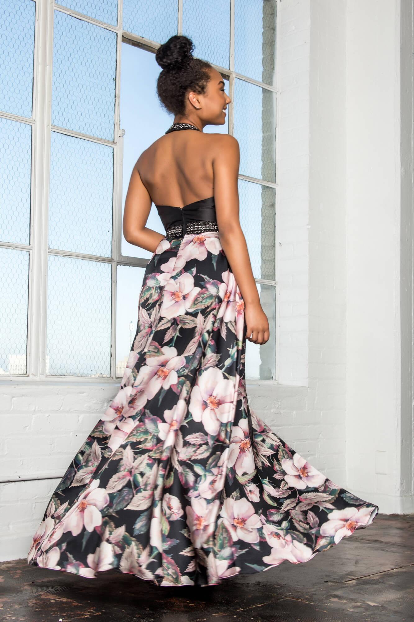 Prom Long Dress Halter Floral Formal Gown - The Dress Outlet Elizabeth K