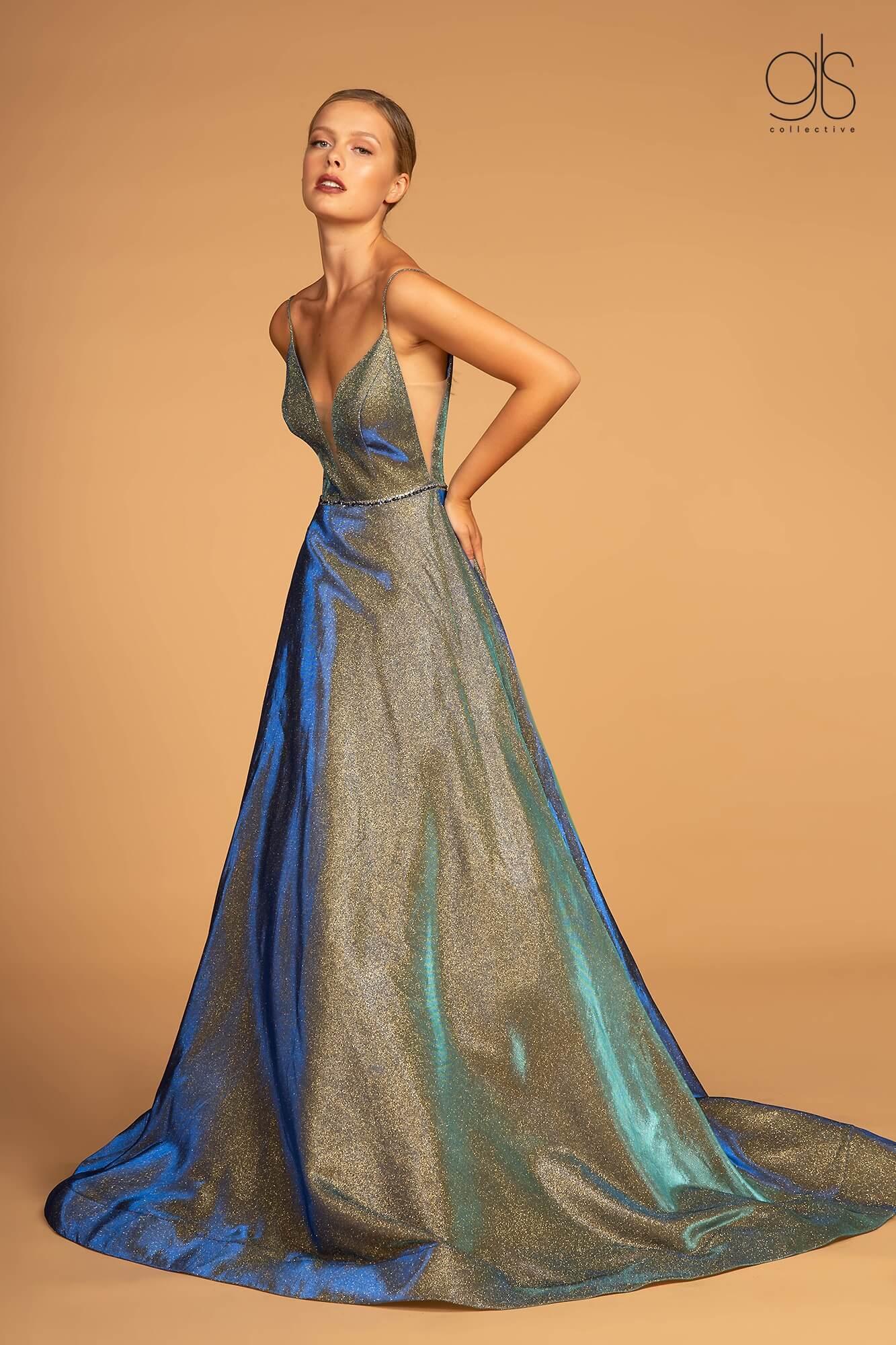 Prom Long Dress Spaghetti Strap Metallic Ball Gown - The Dress Outlet Elizabeth K