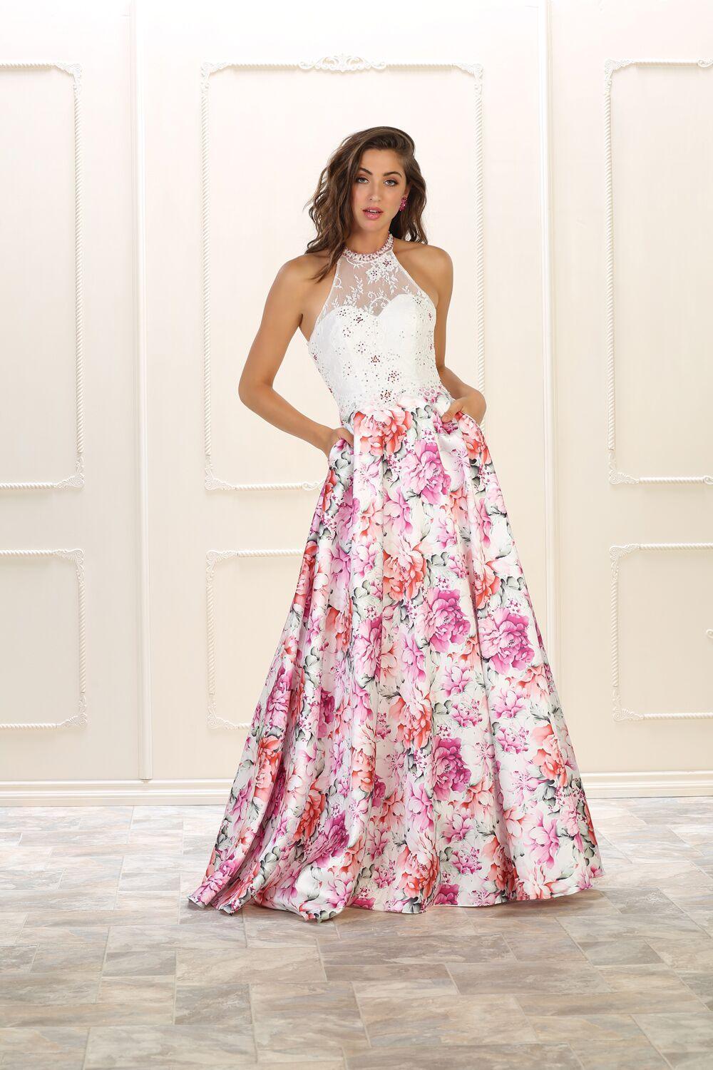 Prom Long Floral Print Dress Formal Gown - The Dress Outlet May Queen