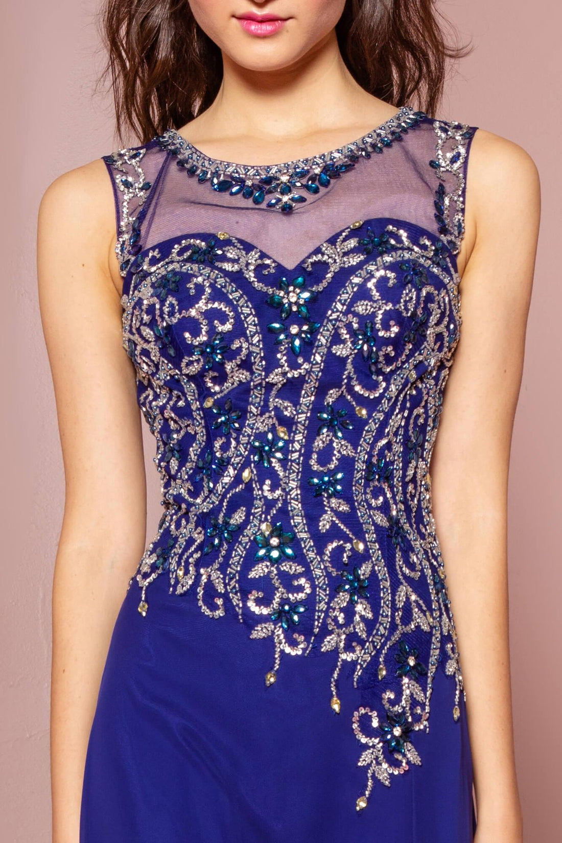 Chiffon Wrap-Front Beaded Long Sleeve Formal Dress Orchid