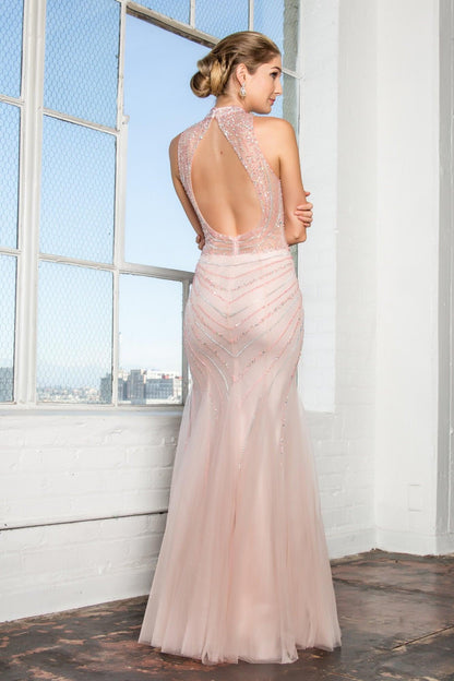 Prom Long Formal Beaded Halter Trumpet Gown - The Dress Outlet Elizabeth K