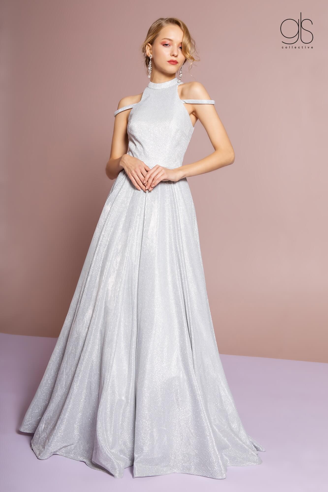 GLS Silver Prom Long Formal Evening Dress - High Neck Halter with Glitter Crepe - Size XL GLS Silver Prom Long Formal Evening Dress - High Neck Halter with Glitter Crepe - Size XL