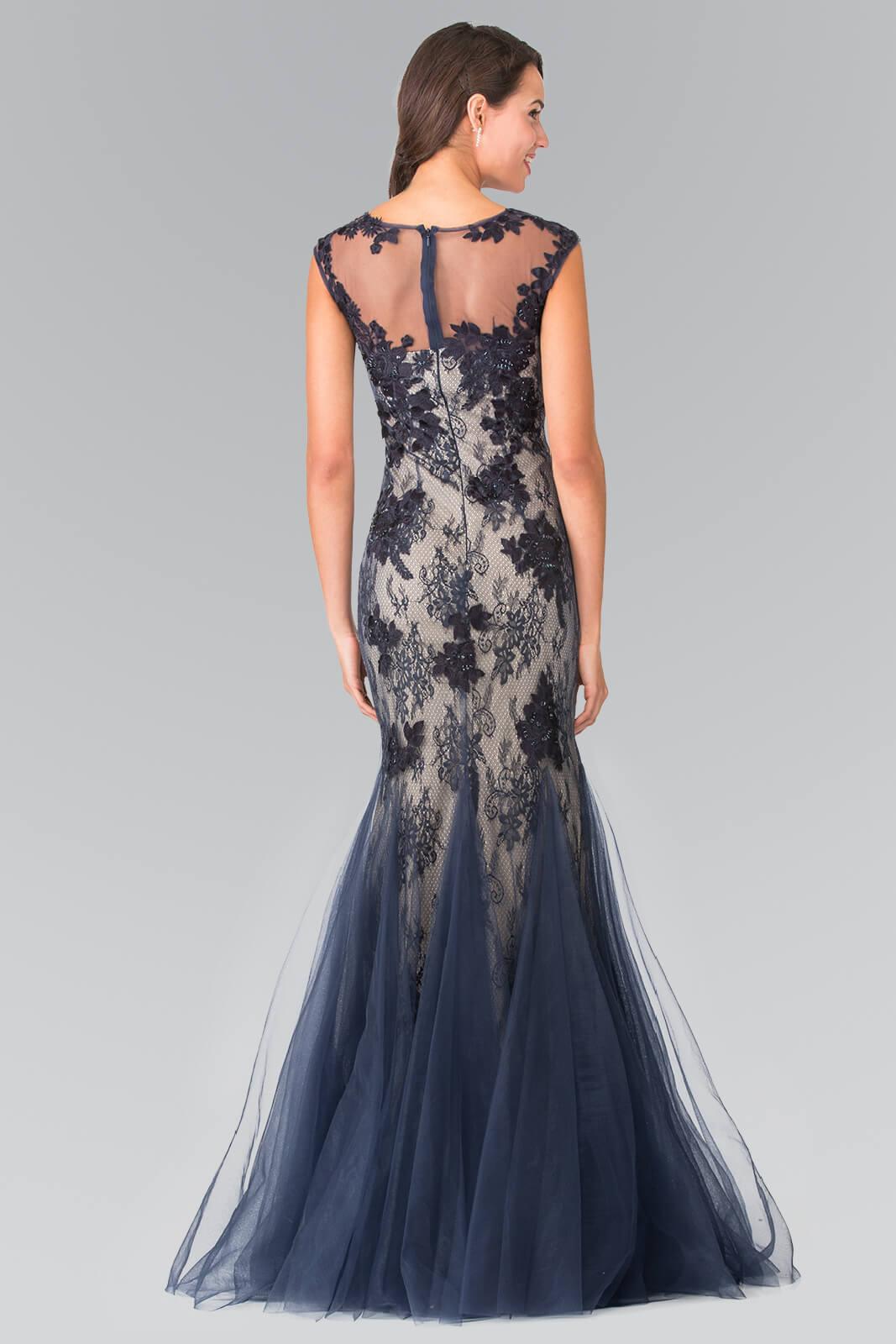 Navy collar trumpet sleeve long dress