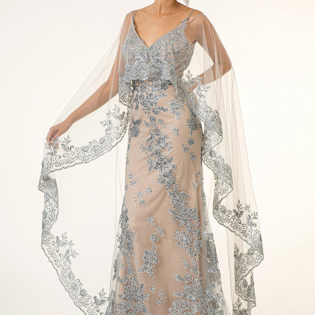 Prom Long Formal Glitter Cape Dress