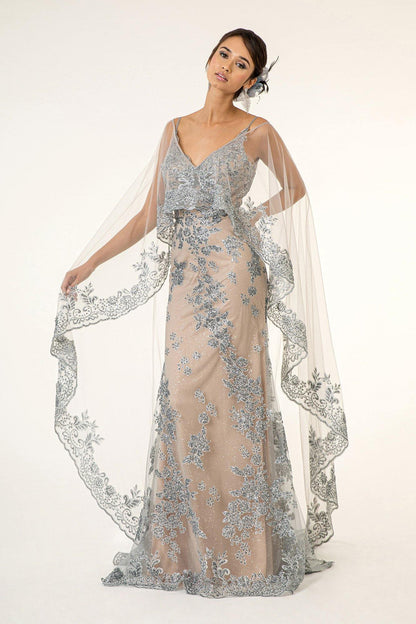 Prom Long Formal  Glitter Cape Dress - The Dress Outlet
