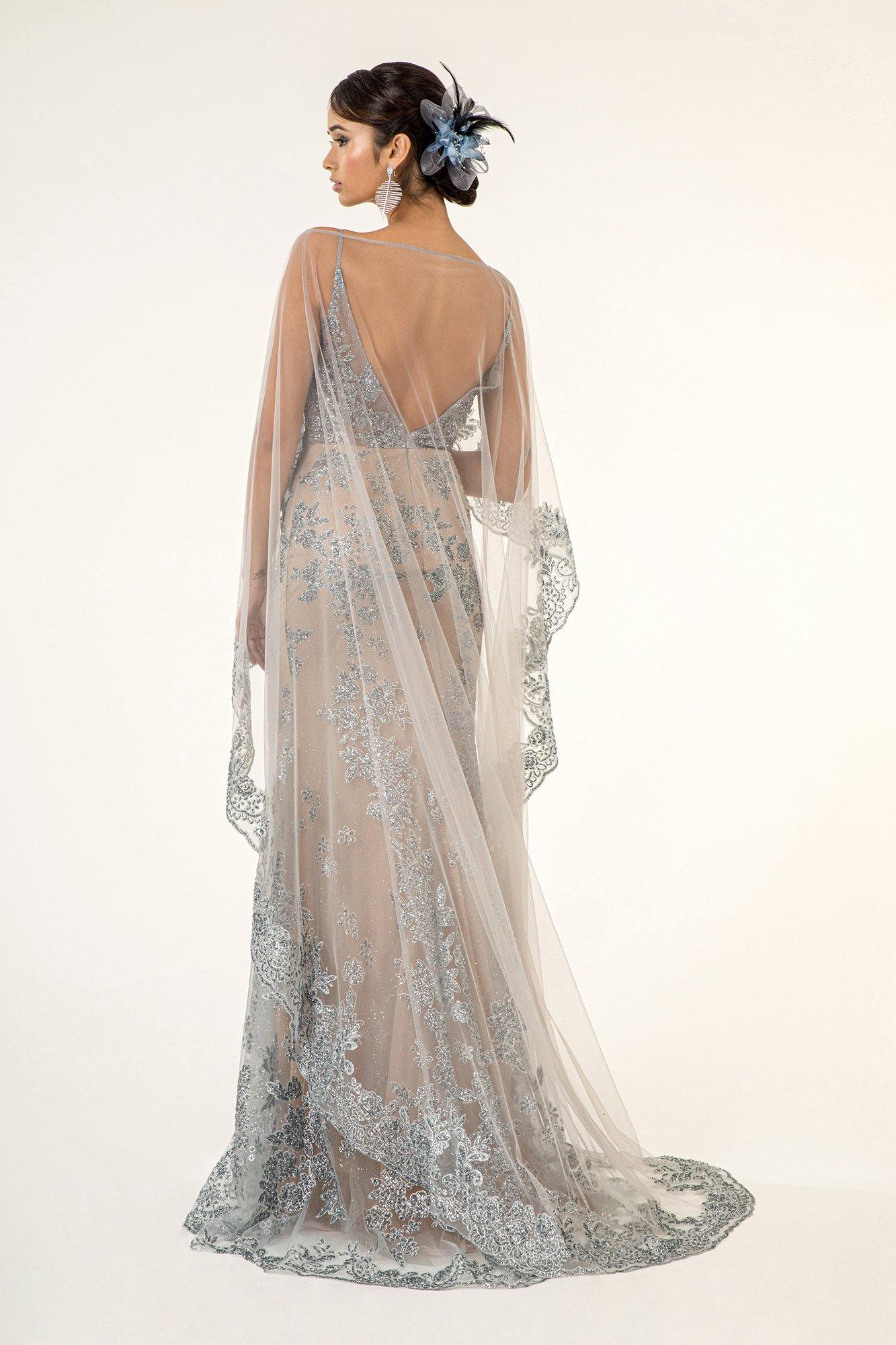 Prom Long Formal  Glitter Cape Dress