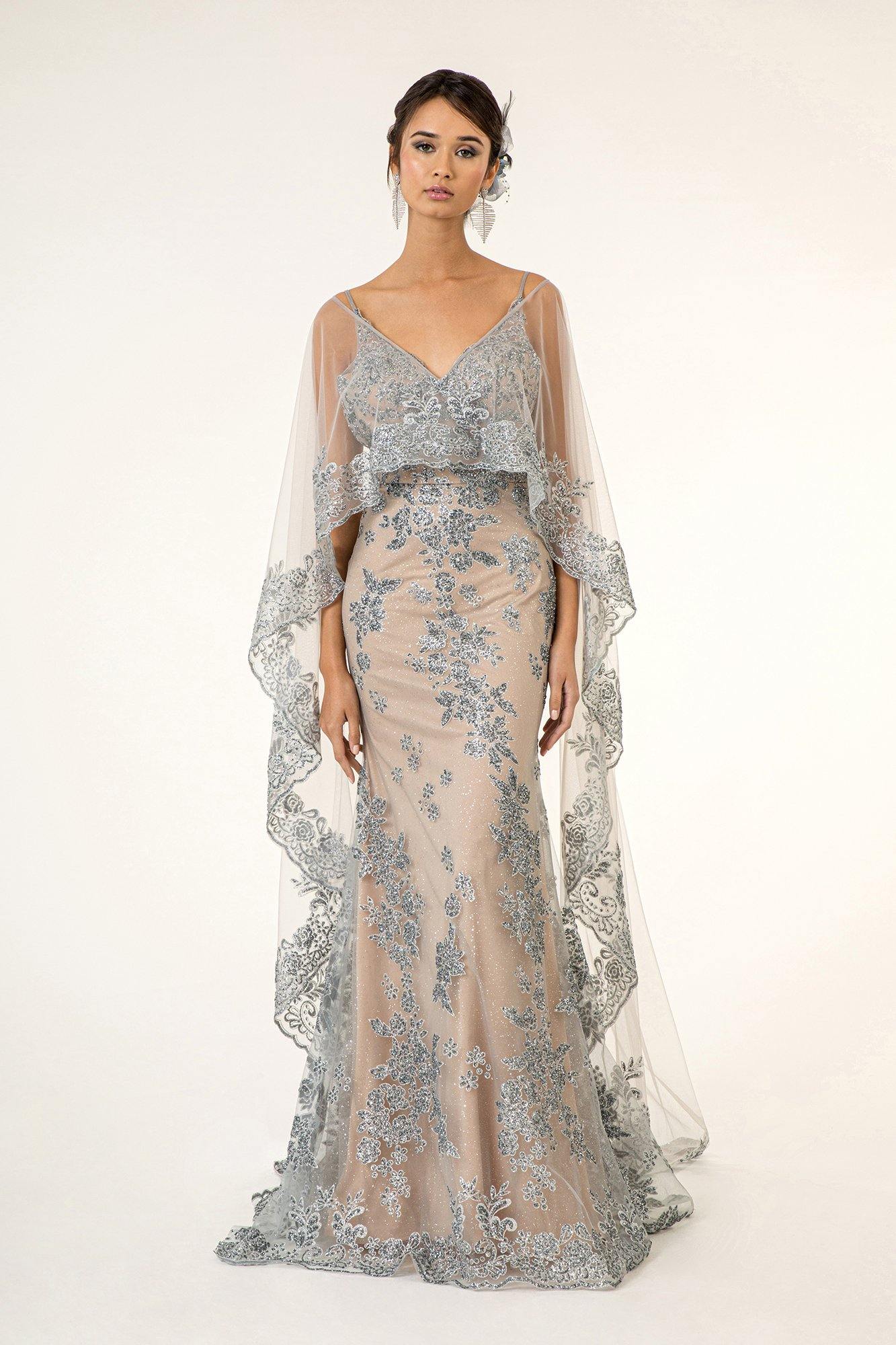 Prom Long Formal  Glitter Cape Dress
